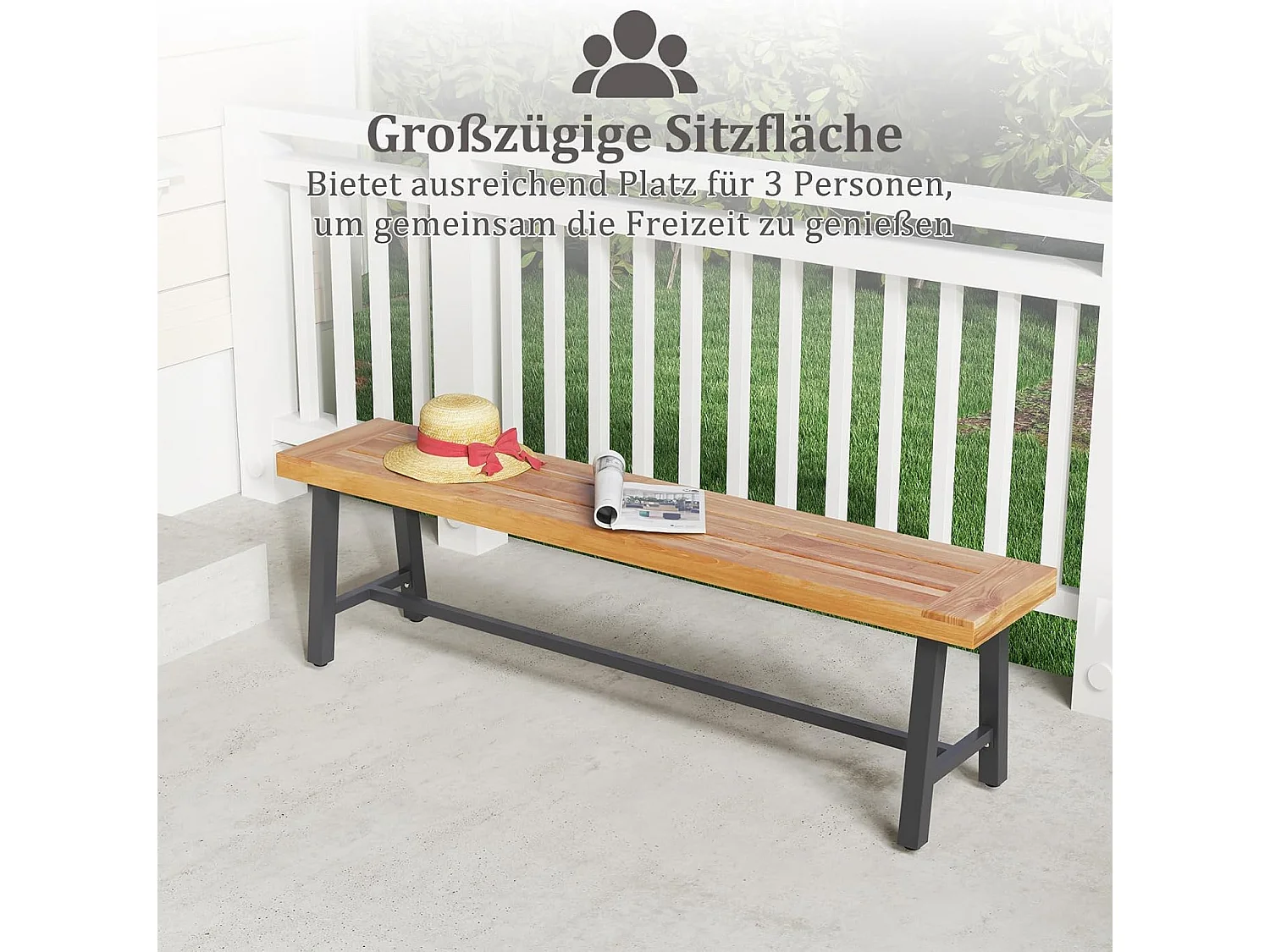 Tuinbank, weerbestendig, 3-zitsbank zonder rugleuning, parkbank van acaciahout en metaal, terrasbank tot 360 kg belastbaar,balkon, terras, 160 x 32 x 45 cm