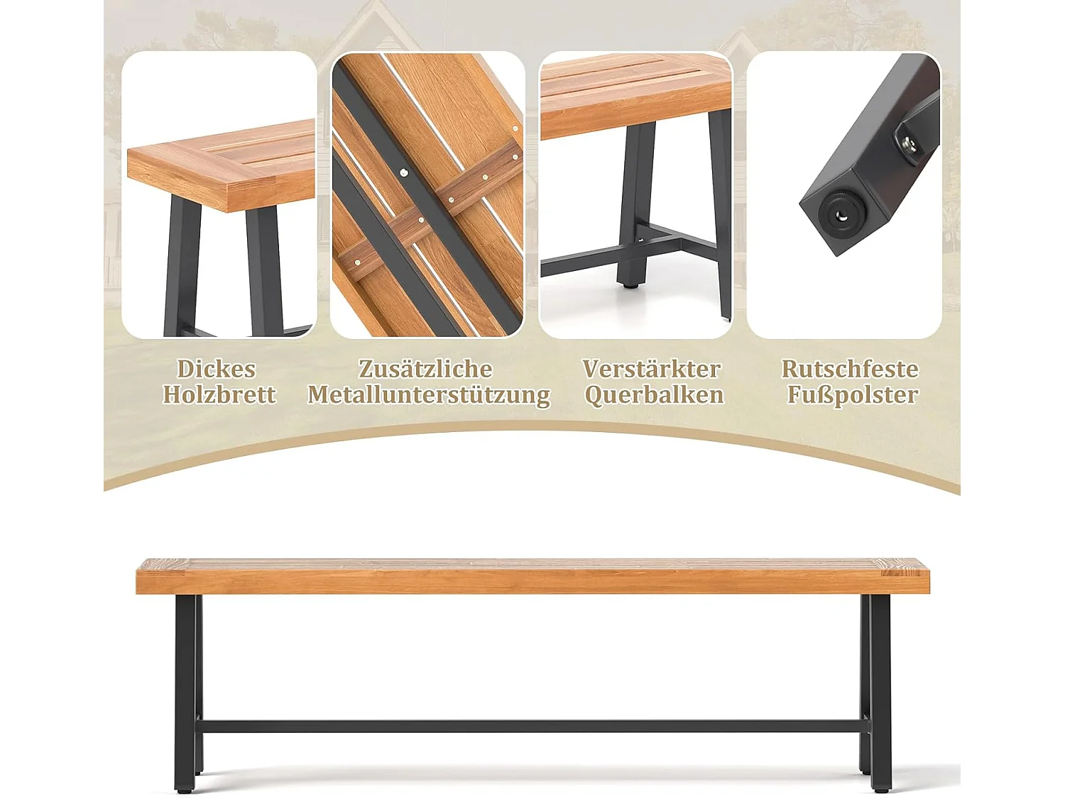 Tuinbank, weerbestendig, 3-zitsbank zonder rugleuning, parkbank van acaciahout en metaal, terrasbank tot 360 kg belastbaar,balkon, terras, 160 x 32 x 45 cm