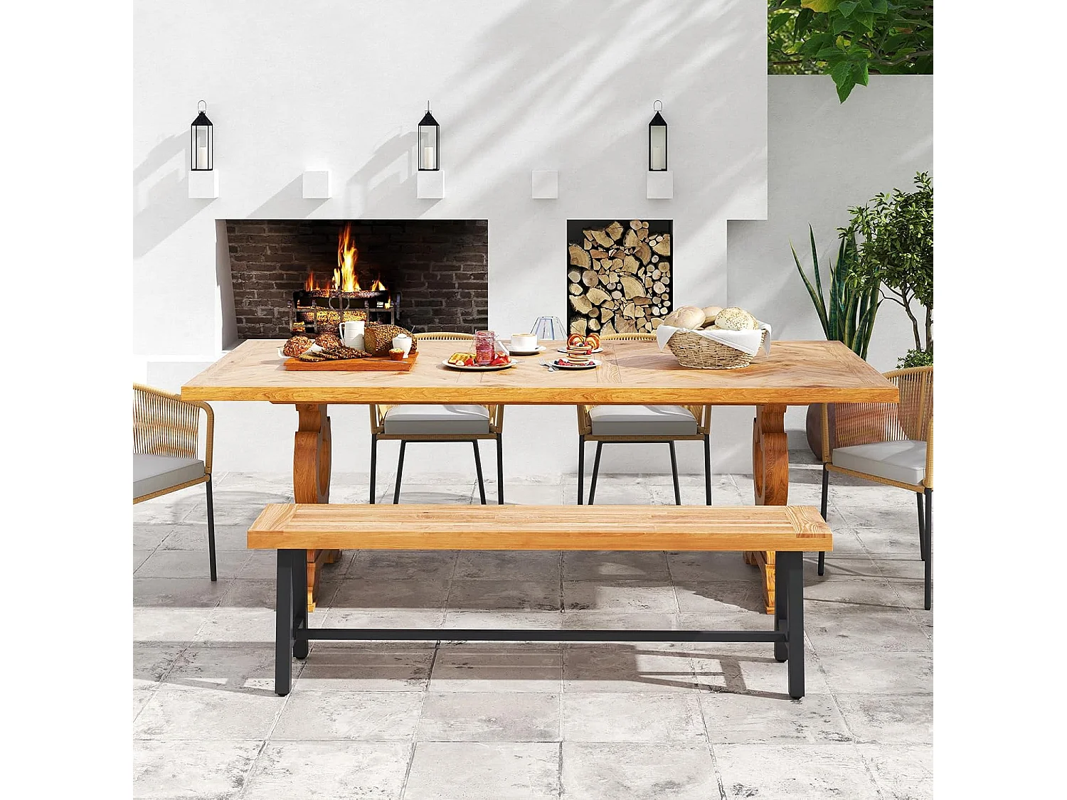 Tuinbank, weerbestendig, 3-zitsbank zonder rugleuning, parkbank van acaciahout en metaal, terrasbank tot 360 kg belastbaar,balkon, terras, 160 x 32 x 45 cm