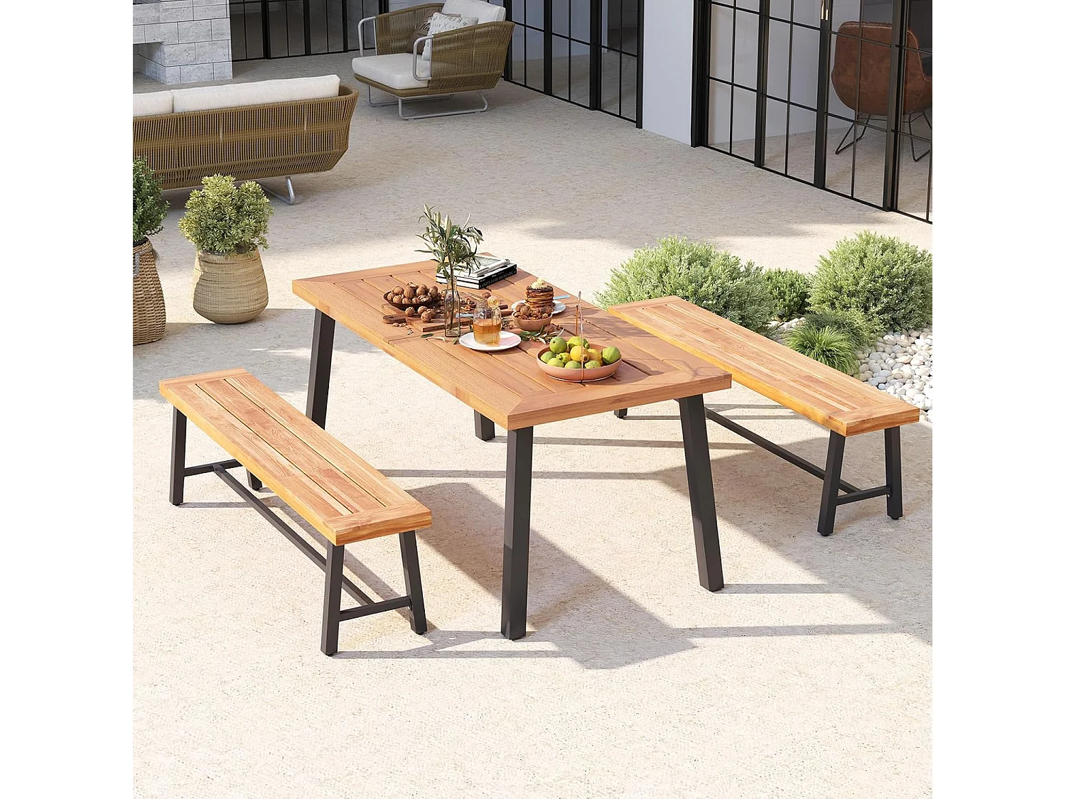 Tuinbank, weerbestendig, 3-zitsbank, tot 360 kg, parkbank van acaciahout en metaal,terrasbank zonder rugleuning,tuin, achtertuin, balkon, 160 x 32 x 45 cm, 2 stuks