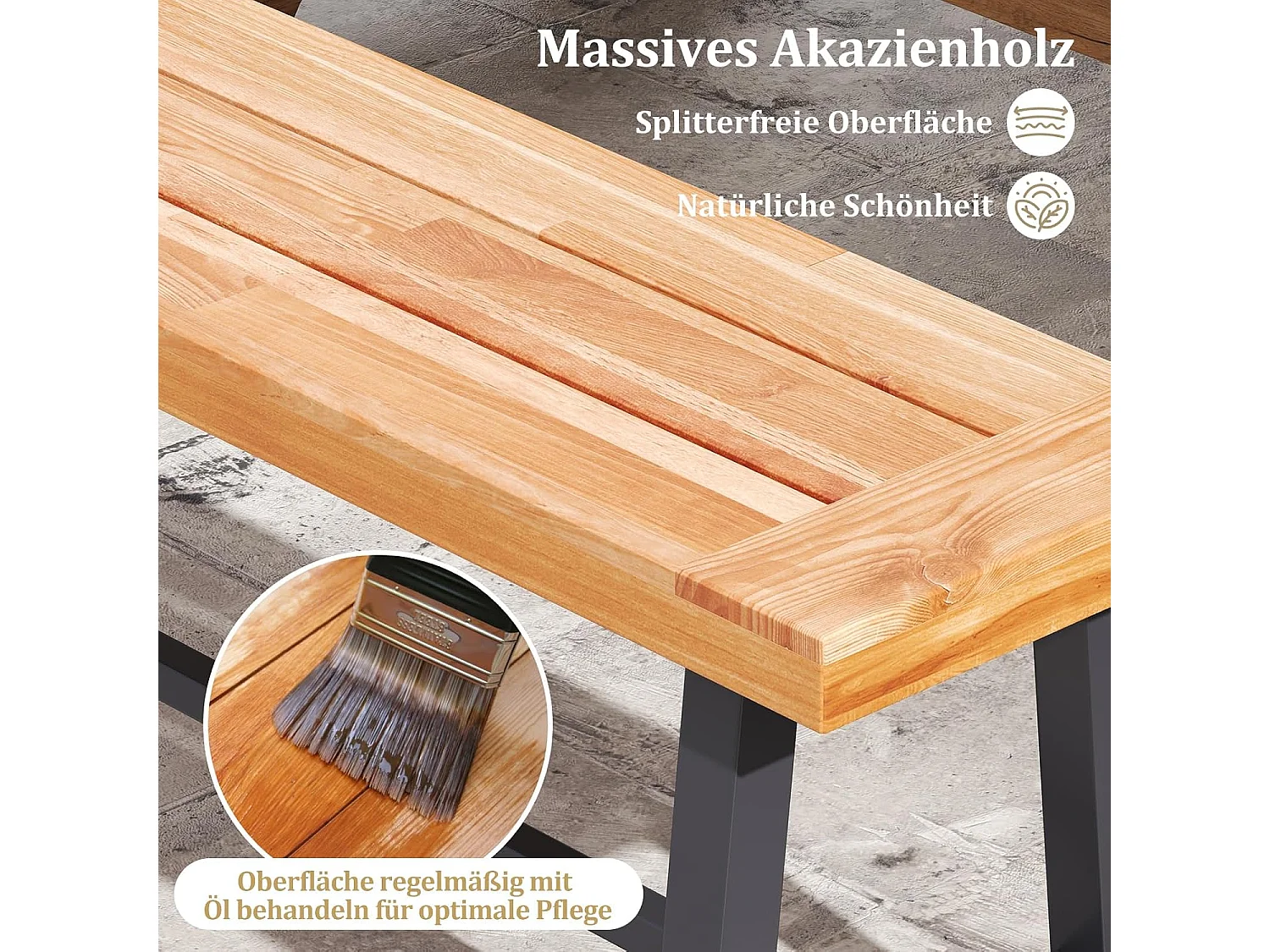 Tuinbank, weerbestendig, 3-zitsbank, tot 360 kg, parkbank van acaciahout en metaal,terrasbank zonder rugleuning,tuin, achtertuin, balkon, 160 x 32 x 45 cm, 2 stuks