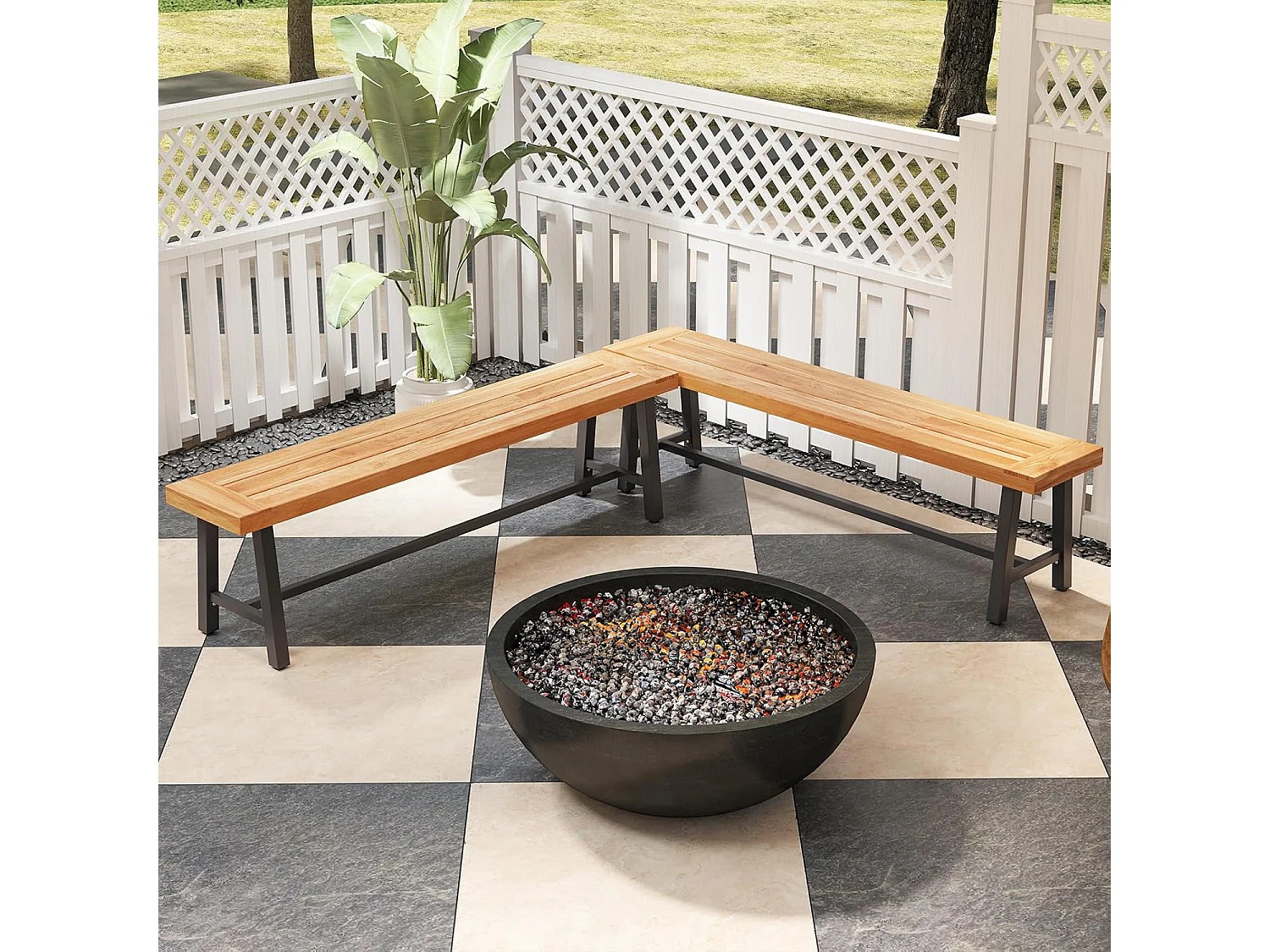 Tuinbank, weerbestendig, 3-zitsbank, tot 360 kg, parkbank van acaciahout en metaal,terrasbank zonder rugleuning,tuin, achtertuin, balkon, 160 x 32 x 45 cm, 2 stuks