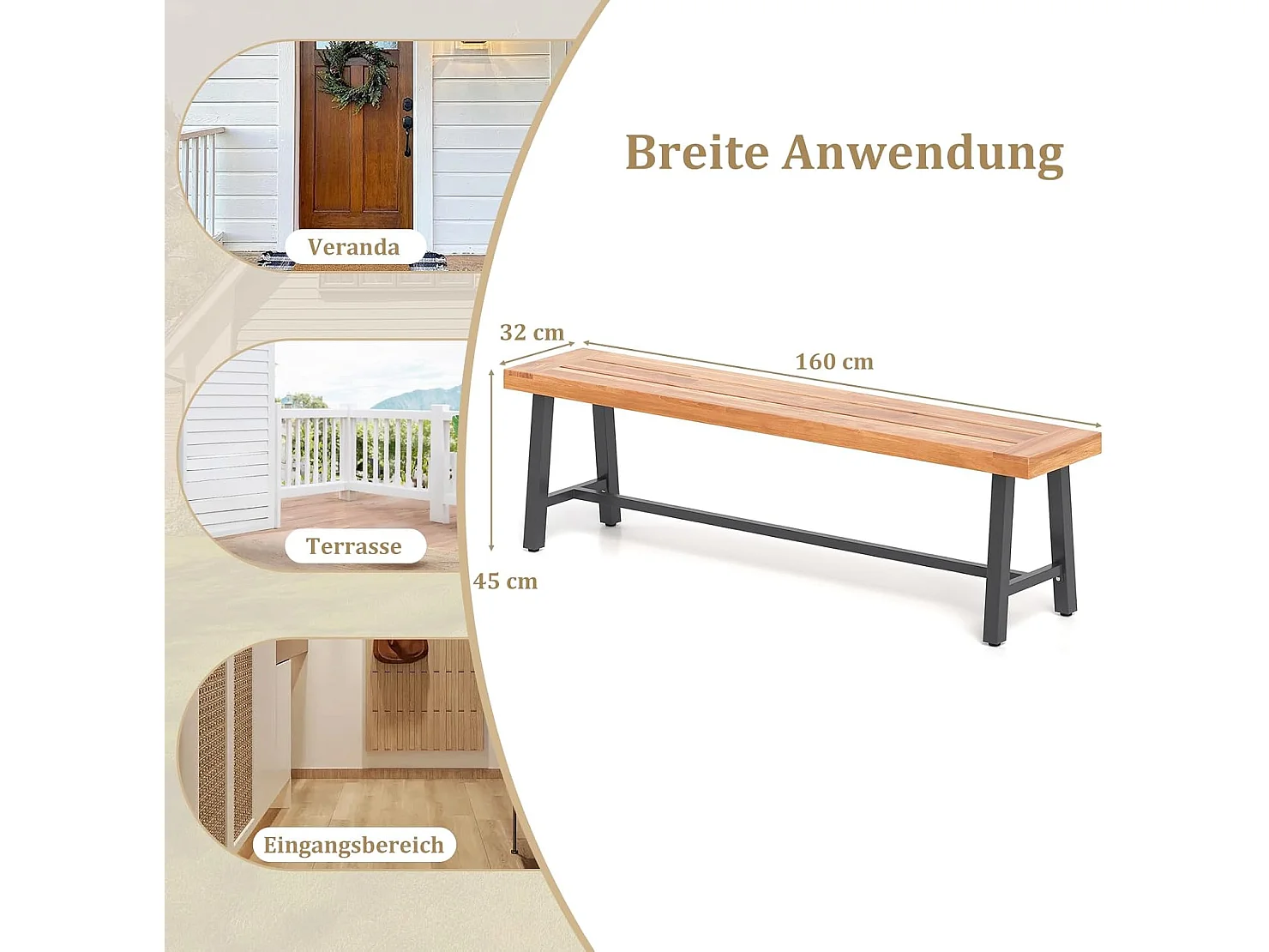 Tuinbank, weerbestendig, 3-zitsbank, tot 360 kg, parkbank van acaciahout en metaal,terrasbank zonder rugleuning,tuin, achtertuin, balkon, 160 x 32 x 45 cm, 2 stuks