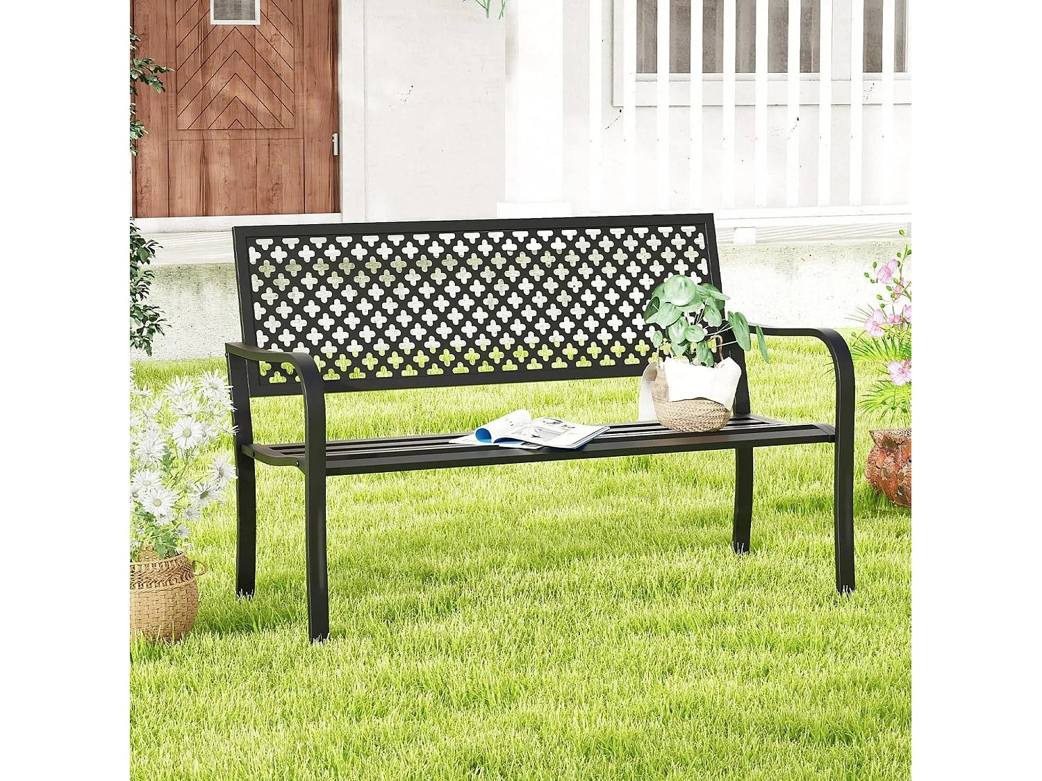 Tuinbank van metaal, weerbestendige zitbank voor 2-3-zits, parkeerbank met rugleuning en armleuning,  ijzeren bank voor tuin, terras, balkon, 127 x 62 x 86ZB33089