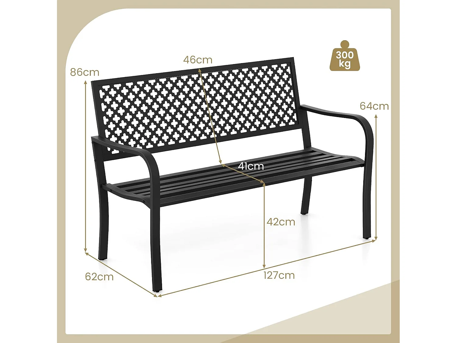 Tuinbank van metaal, weerbestendige zitbank voor 2-3-zits, parkeerbank met rugleuning en armleuning,  ijzeren bank voor tuin, terras, balkon, 127 x 62 x 86ZB33089