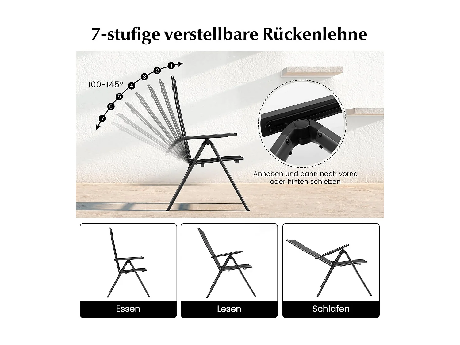 Tuinstoel van aluminium, weerbestendige klapstoel met 7-voudig verstelbare rugleuning, inklapbare balkonstoel, terrasstoel voor tuin, balkon, terras, zwartZB33664
