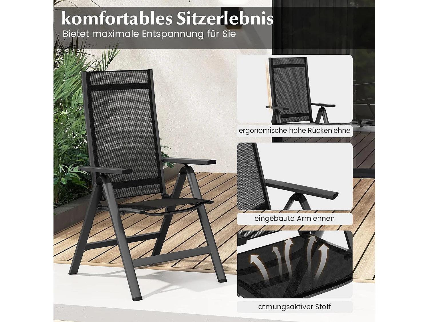 Tuinstoel van aluminium, weerbestendige klapstoel met 7-voudig verstelbare rugleuning, inklapbare balkonstoel, terrasstoel voor tuin, balkon, terras, zwartZB33664