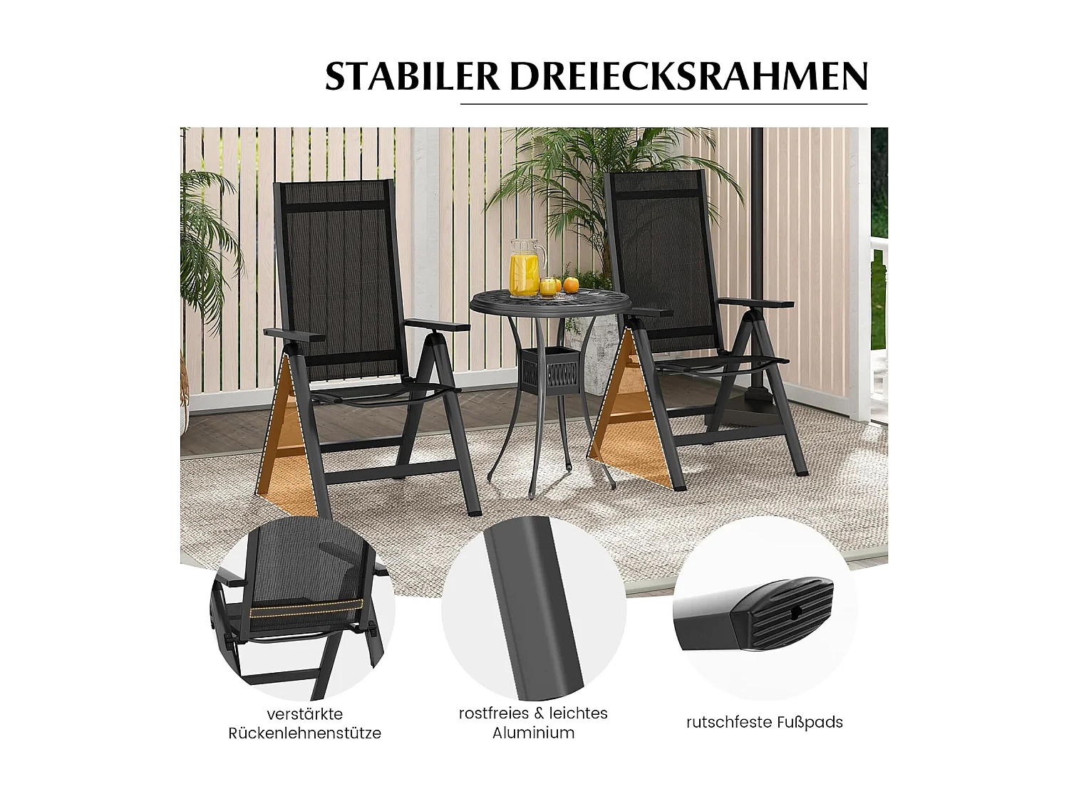 Tuinstoel van aluminium, weerbestendige klapstoel met 7-voudig verstelbare rugleuning, inklapbare balkonstoel, terrasstoel voor tuin, balkon, terras, zwartZB33664