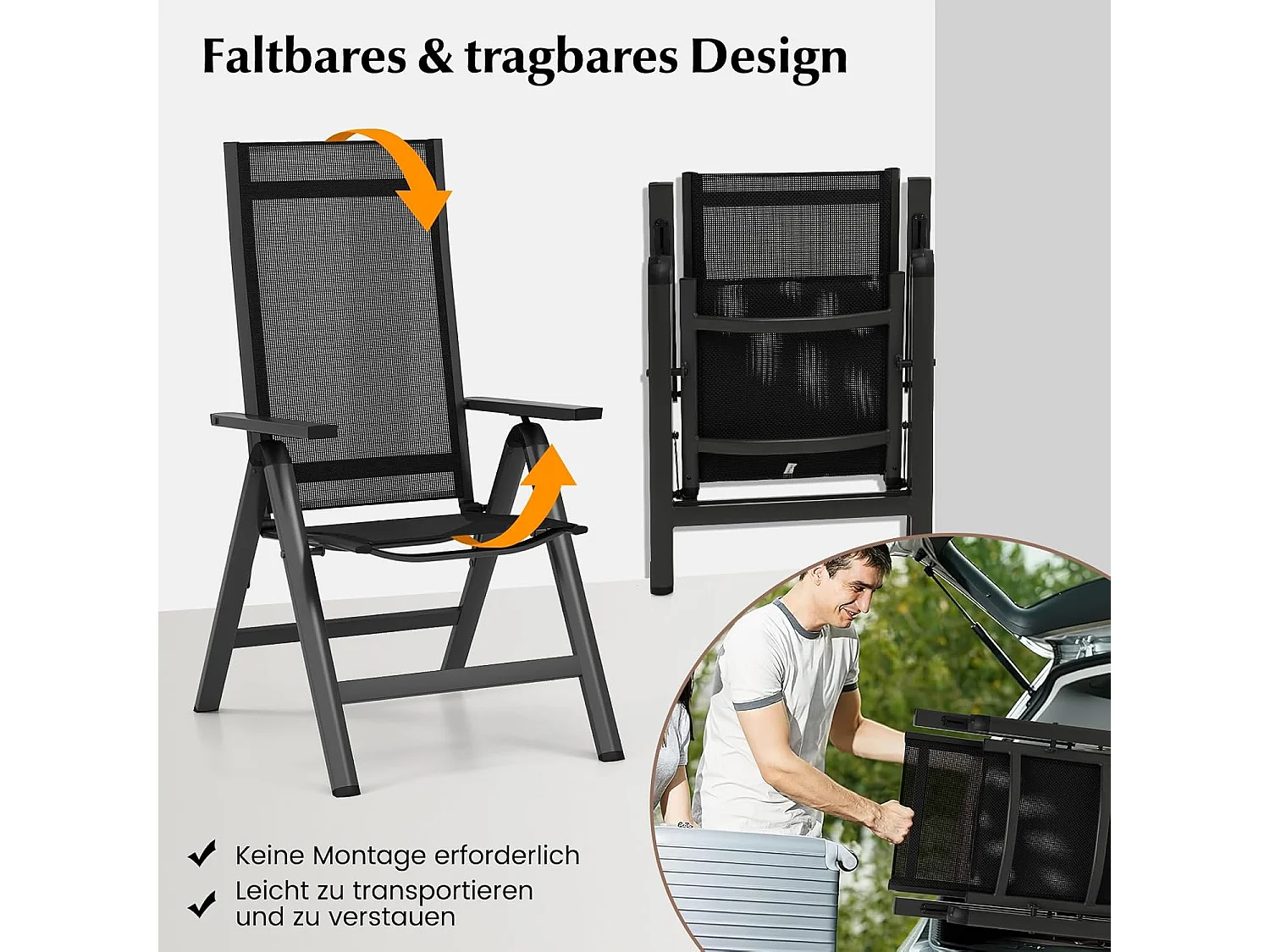 Tuinstoel van aluminium, weerbestendige klapstoel met 7-voudig verstelbare rugleuning, inklapbare balkonstoel, terrasstoel voor tuin, balkon, terras, zwartZB33664