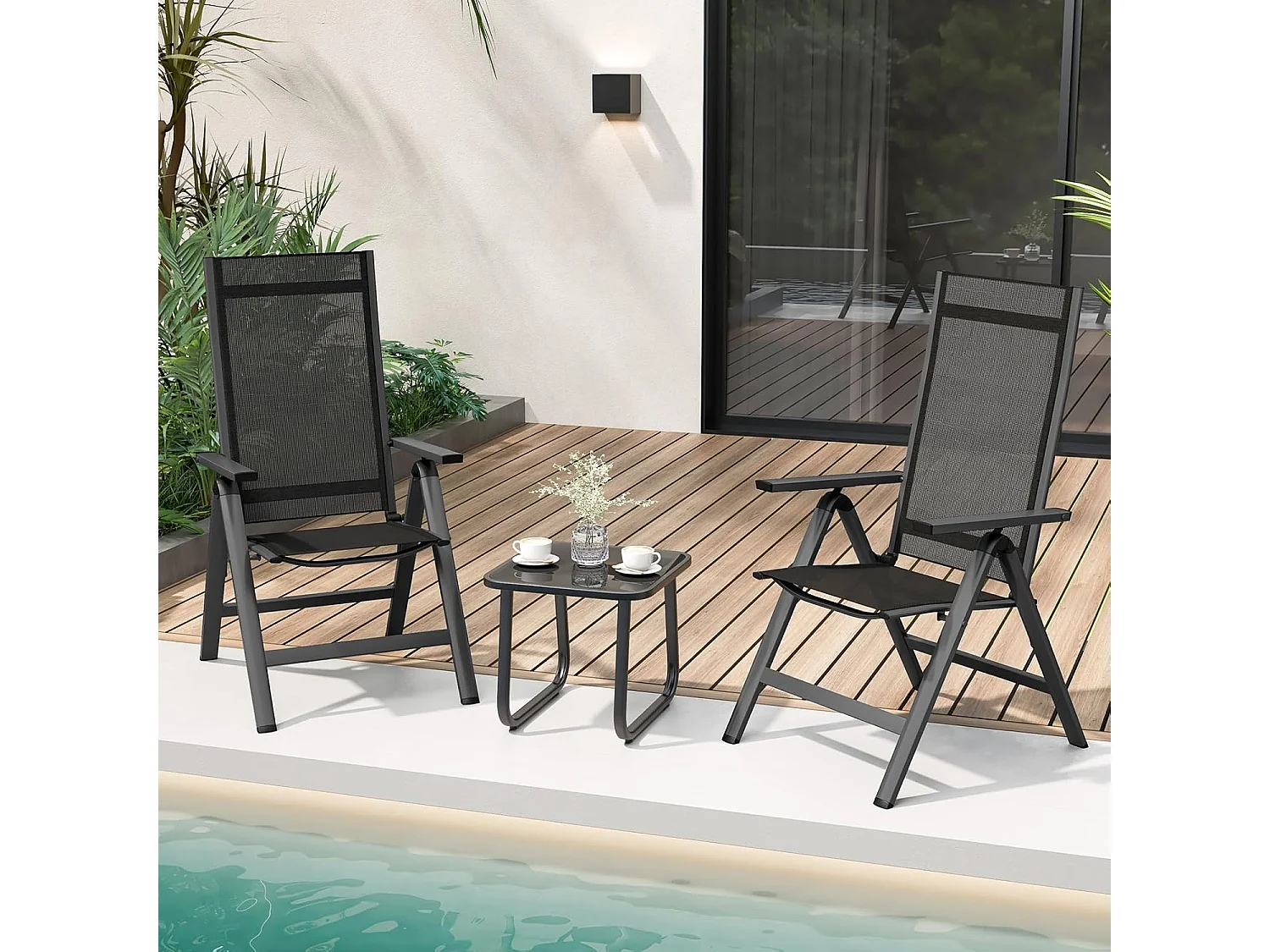 Tuinstoel van aluminium, weerbestendige klapstoel met 7-voudig verstelbare rugleuning, inklapbare balkonstoel, terrasstoel voor tuin, balkon, terras, zwartZB33664