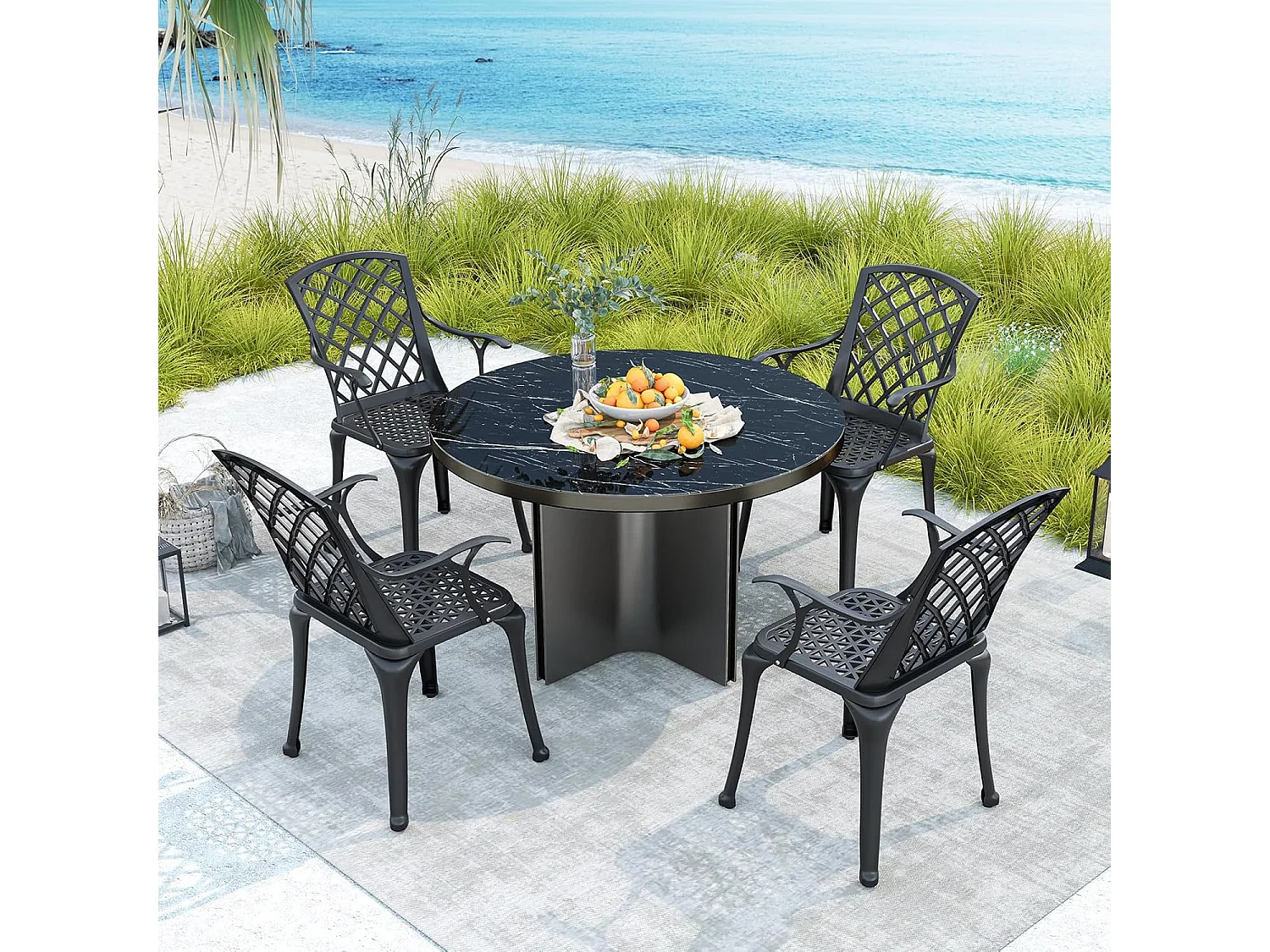 Set van 2 tuinstoelen van gegoten aluminium, weerbestendige terrasstoelen met armleuningen, balkonstoelen voor tuin, balkon, achtertuin (zwart)ZB34259