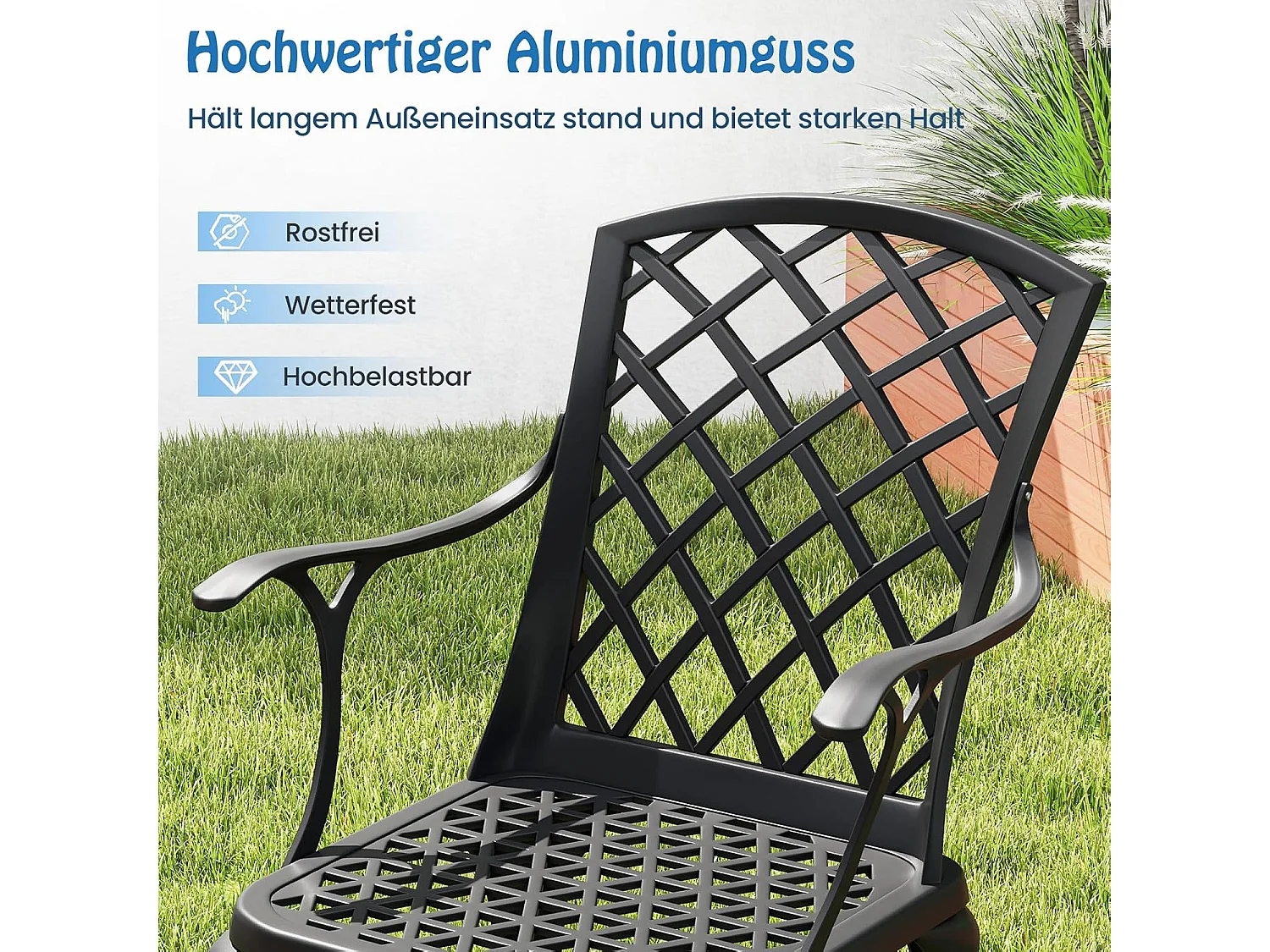 Set van 2 tuinstoelen van gegoten aluminium, weerbestendige terrasstoelen met armleuningen, balkonstoelen voor tuin, balkon, achtertuin (zwart)ZB34259