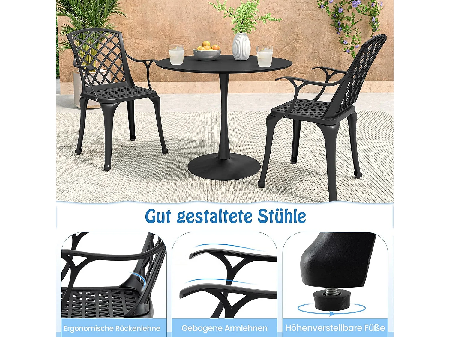 Set van 2 tuinstoelen van gegoten aluminium, weerbestendige terrasstoelen met armleuningen, balkonstoelen voor tuin, balkon, achtertuin (zwart)ZB34259