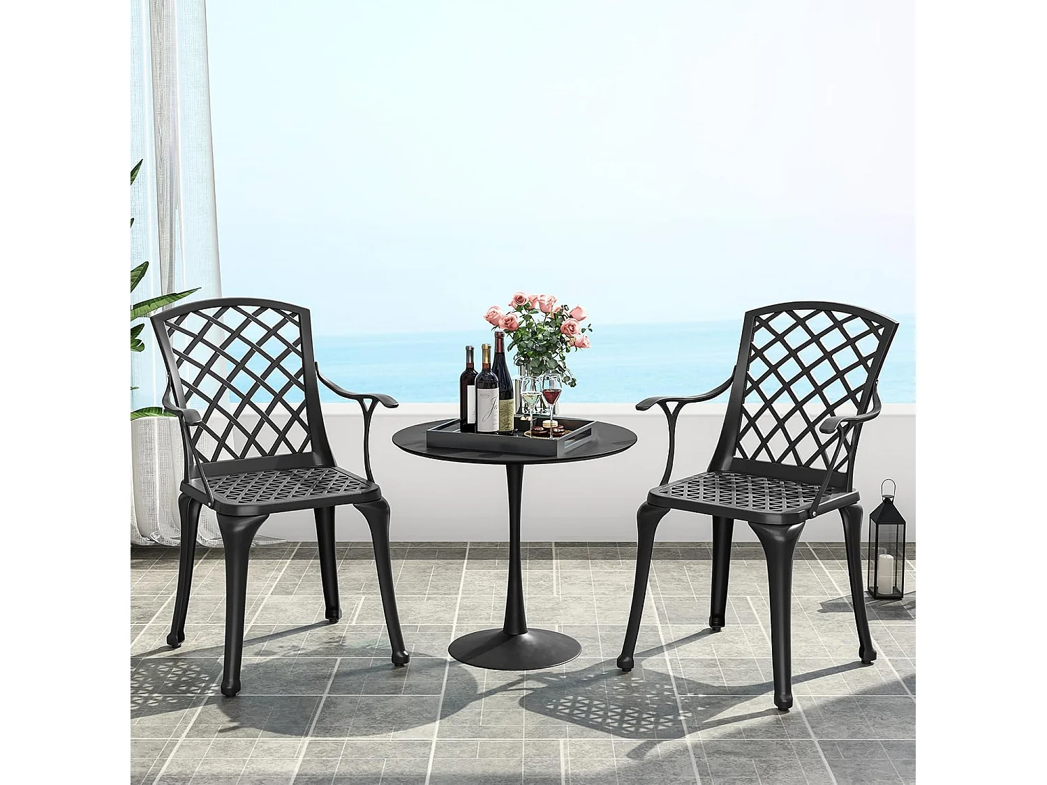 Set van 2 tuinstoelen van gegoten aluminium, weerbestendige terrasstoelen met armleuningen, balkonstoelen voor tuin, balkon, achtertuin (zwart)ZB34259