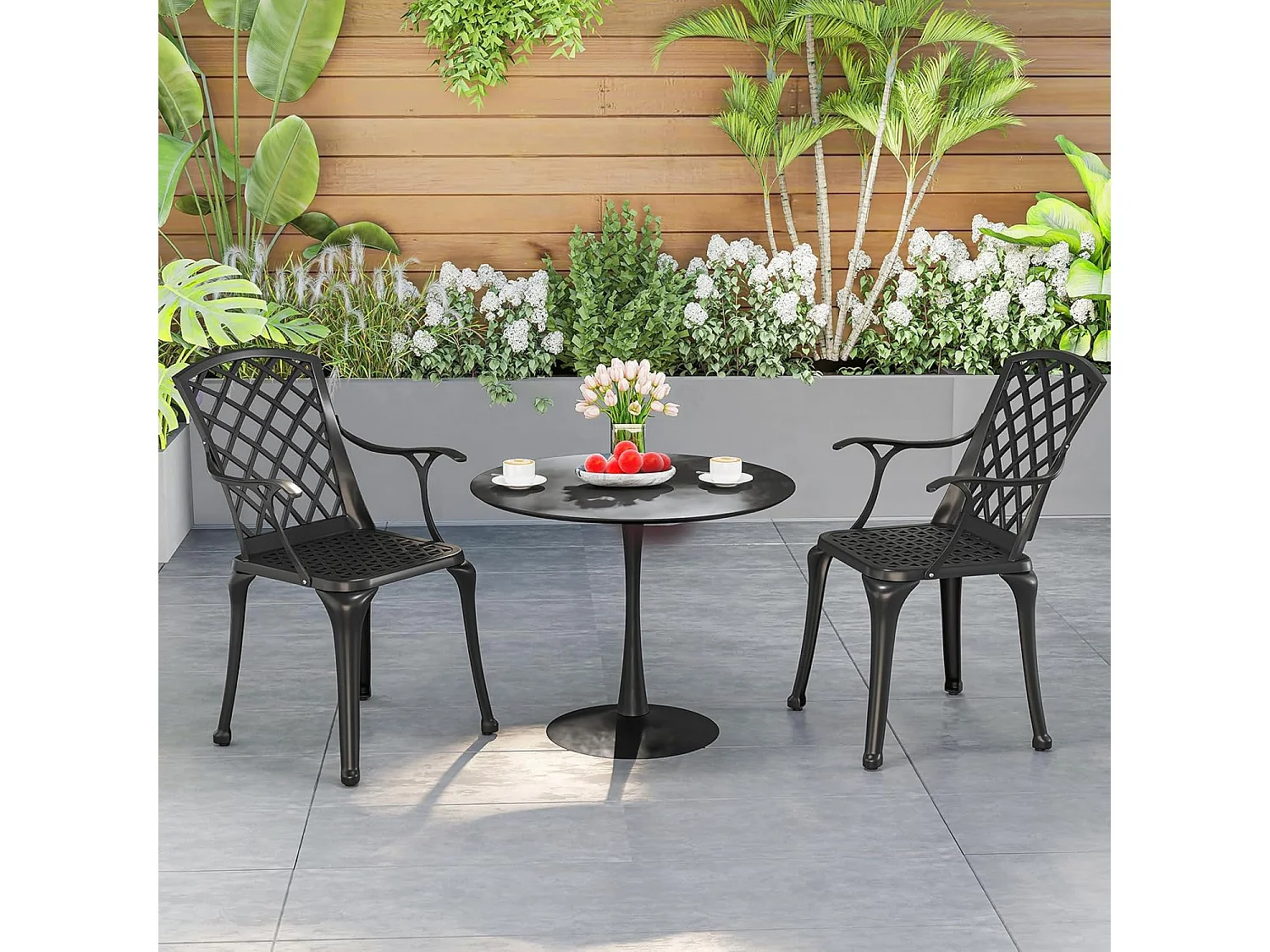 Set van 2 tuinstoelen van gegoten aluminium, weerbestendige terrasstoelen met armleuningen, balkonstoelen voor tuin, balkon, achtertuin (zwart)ZB34259