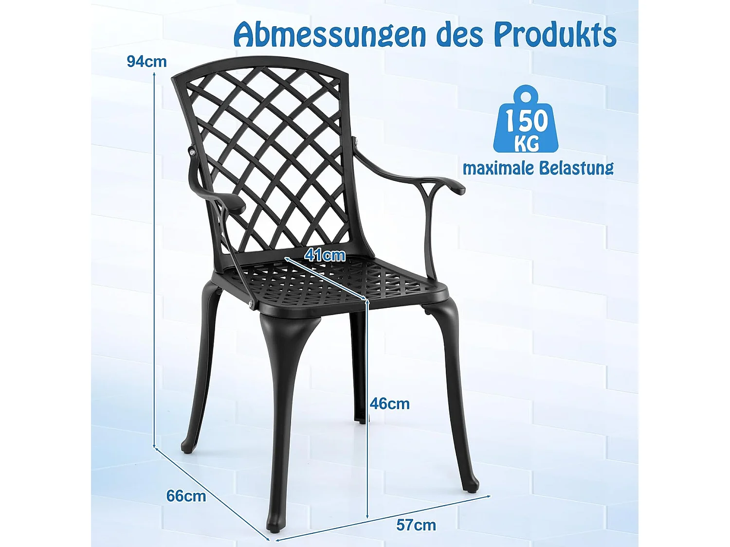 Set van 2 tuinstoelen van gegoten aluminium, weerbestendige terrasstoelen met armleuningen, balkonstoelen voor tuin, balkon, achtertuin (zwart)ZB34259