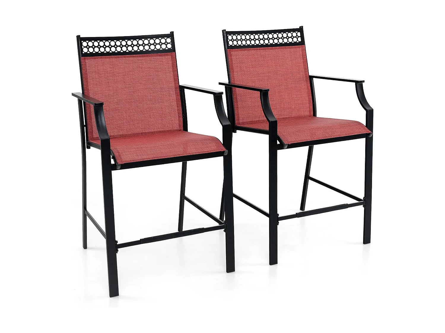 Set van 2 tuinstoelen, hoge terrasstoelen, balkonstoelen met sneldrogende stof en metalen frame, outdoorstoelen, voor tuin, balkon, zwembad (rood)ZB33852