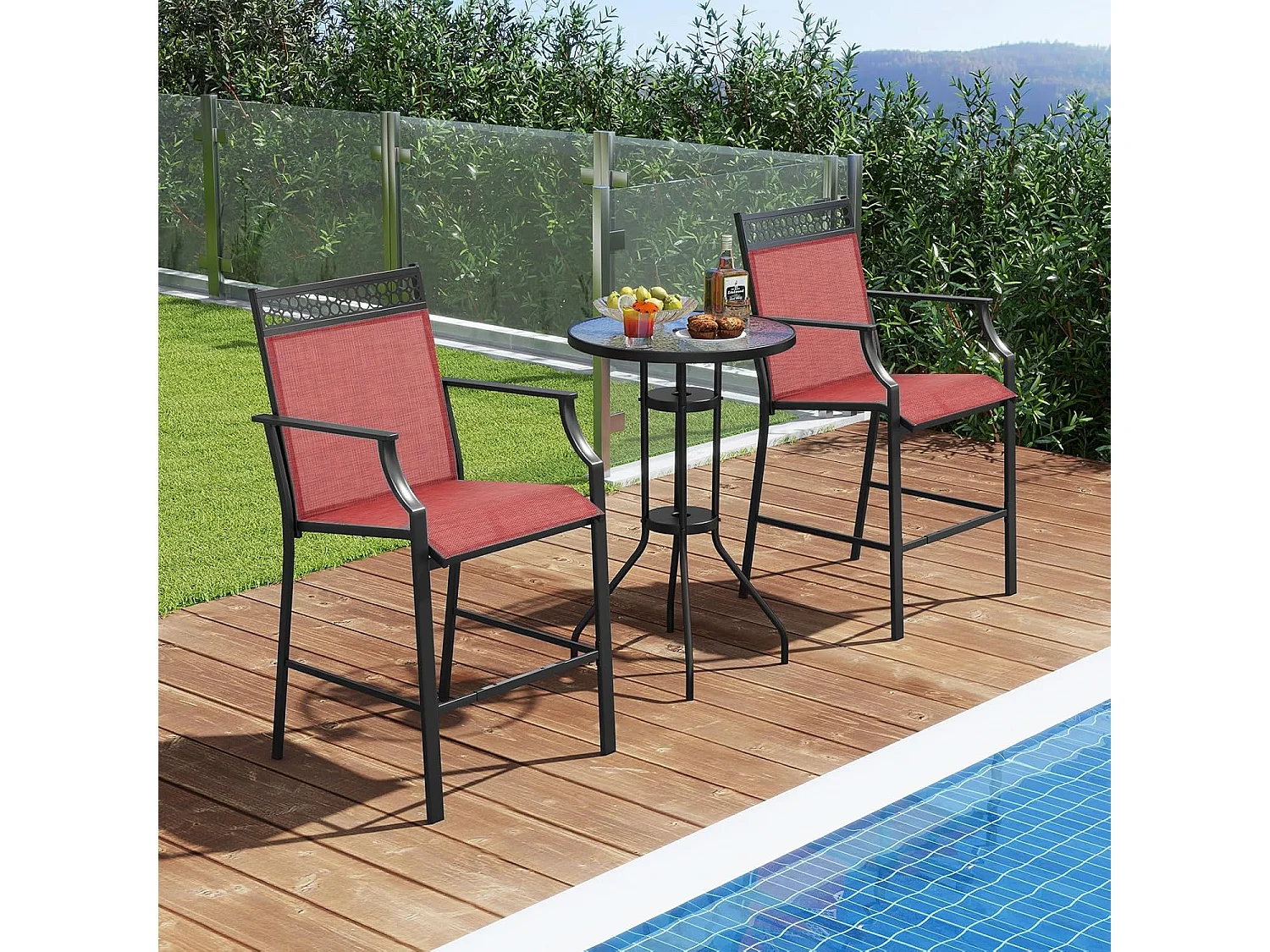 Set van 2 tuinstoelen, hoge terrasstoelen, balkonstoelen met sneldrogende stof en metalen frame, outdoorstoelen, voor tuin, balkon, zwembad (rood)ZB33852