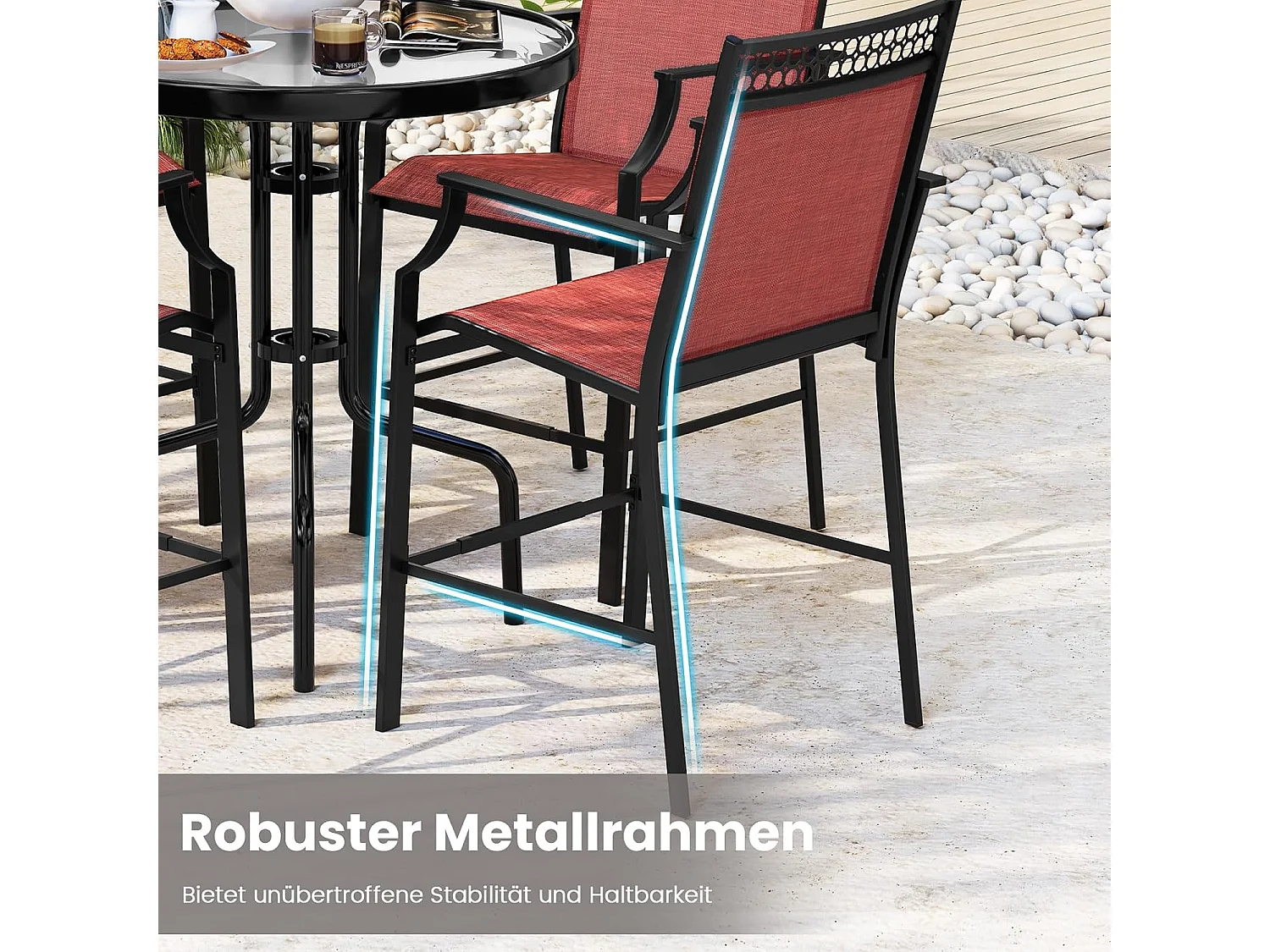 Set van 2 tuinstoelen, hoge terrasstoelen, balkonstoelen met sneldrogende stof en metalen frame, outdoorstoelen, voor tuin, balkon, zwembad (rood)ZB33852