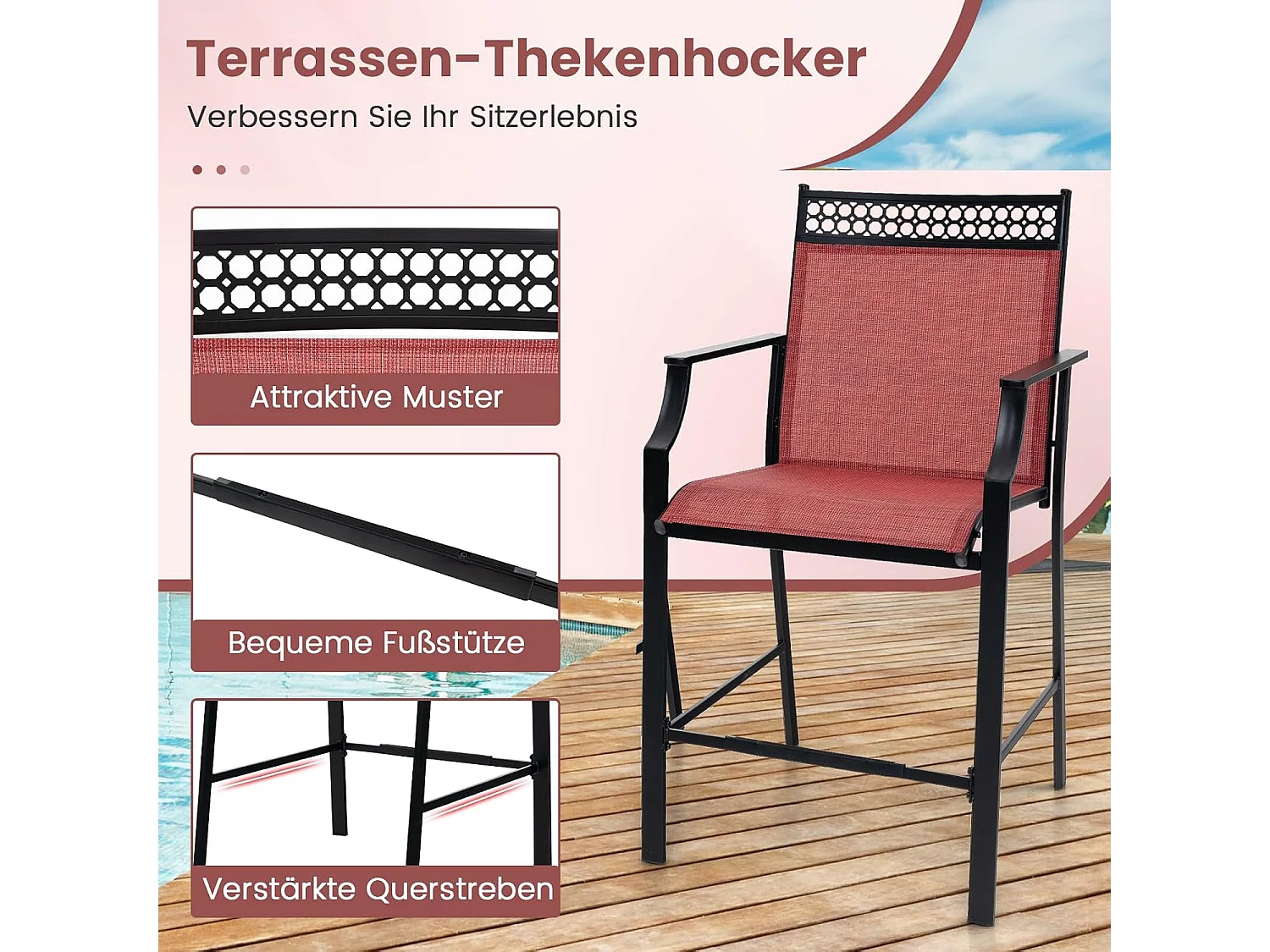 Set van 2 tuinstoelen, hoge terrasstoelen, balkonstoelen met sneldrogende stof en metalen frame, outdoorstoelen, voor tuin, balkon, zwembad (rood)ZB33852