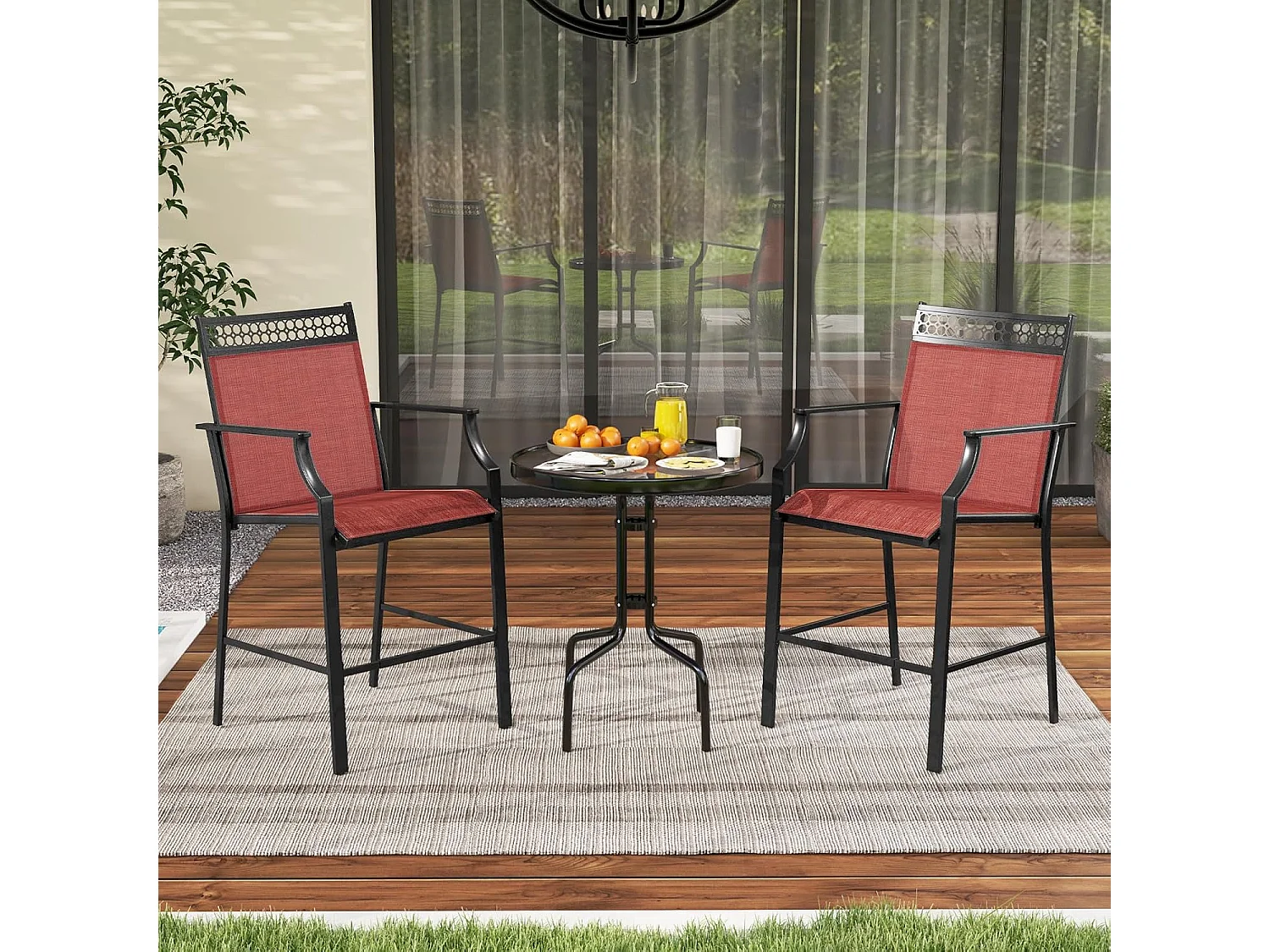 Set van 2 tuinstoelen, hoge terrasstoelen, balkonstoelen met sneldrogende stof en metalen frame, outdoorstoelen, voor tuin, balkon, zwembad (rood)ZB33852