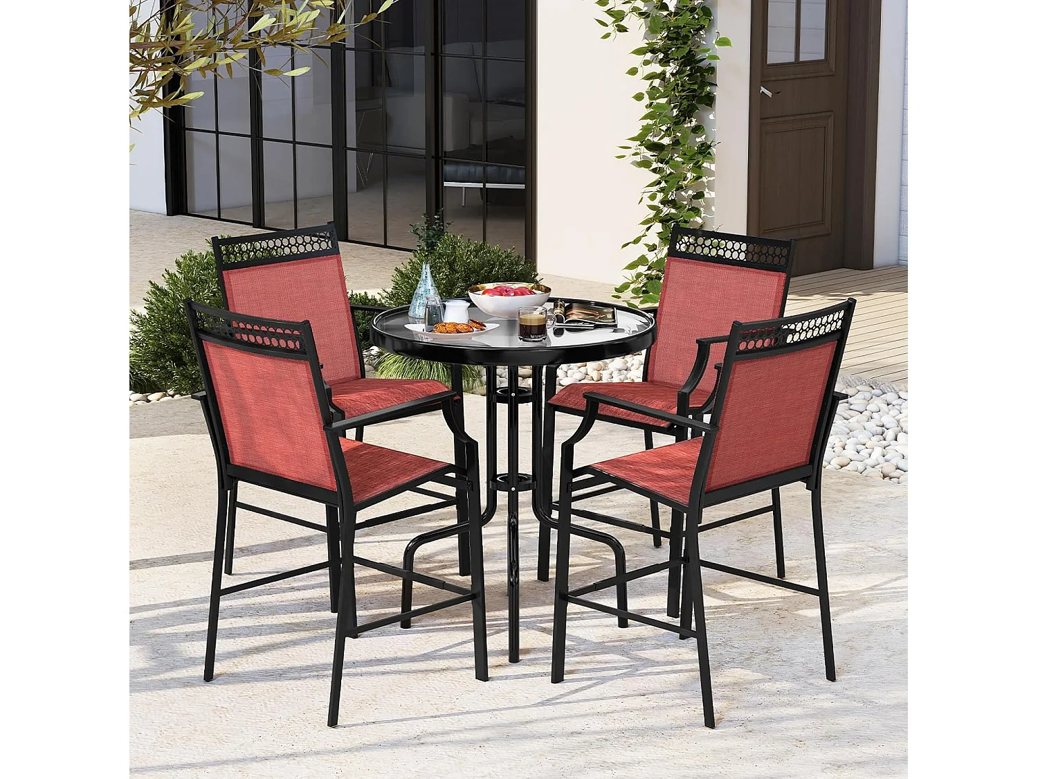 Set van 2 tuinstoelen, hoge terrasstoelen, balkonstoelen met sneldrogende stof en metalen frame, outdoorstoelen, voor tuin, balkon, zwembad (rood)ZB33852