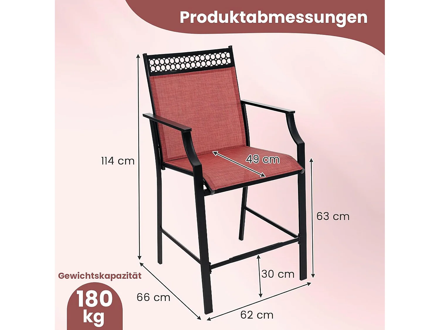 Set van 2 tuinstoelen, hoge terrasstoelen, balkonstoelen met sneldrogende stof en metalen frame, outdoorstoelen, voor tuin, balkon, zwembad (rood)ZB33852