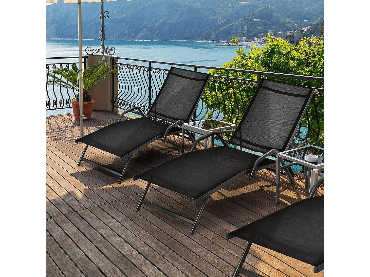 Set van 2 Ligstoelen, 5-Standen Verstelbare Relaxfauteuils met Ademende Zitting en Roestvrij Stalen Frame, Ligstoelen voor Buiten voor Terras, Tuin,ZwartZB32760