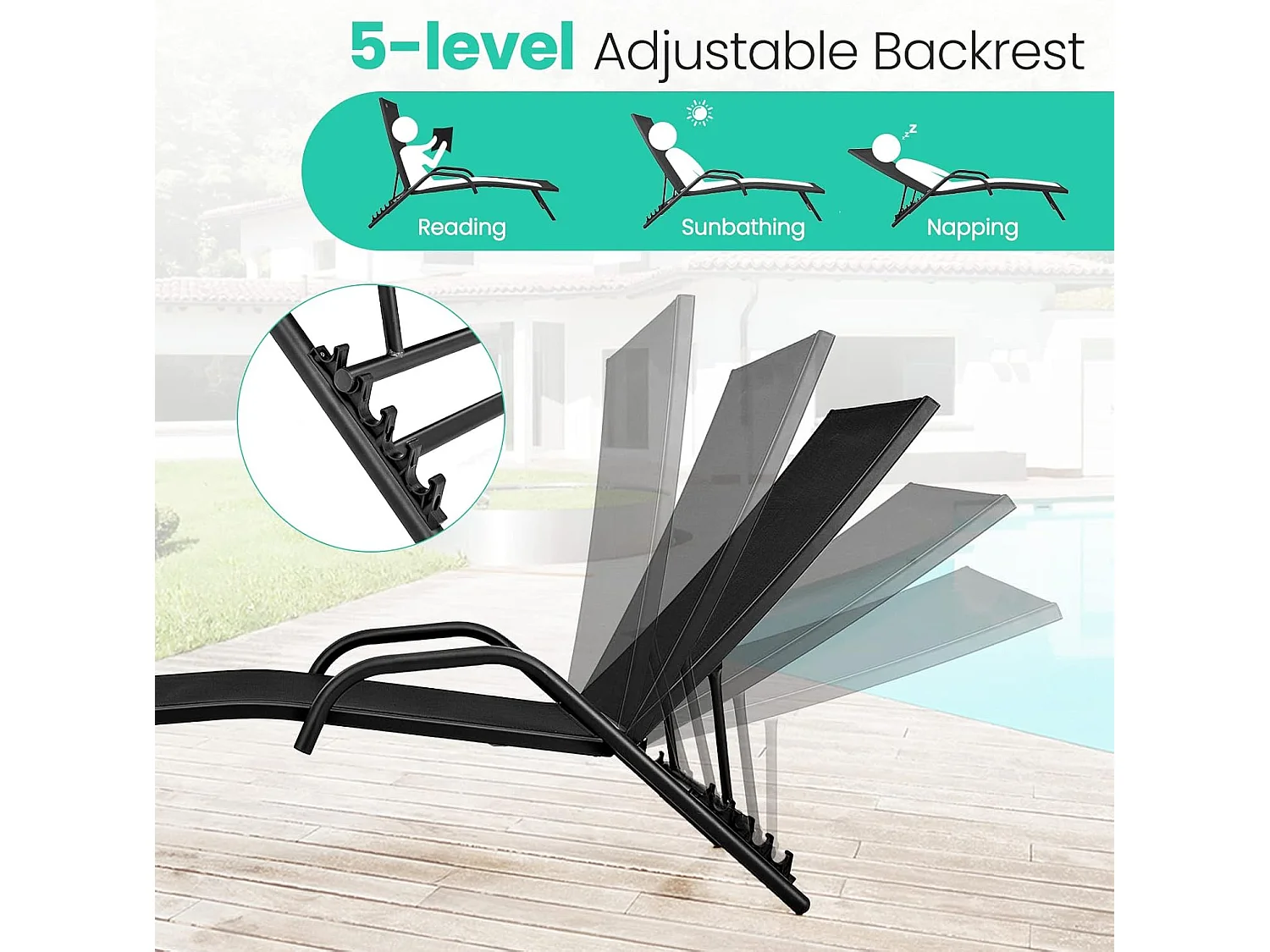 Set van 2 Ligstoelen, 5-Standen Verstelbare Relaxfauteuils met Ademende Zitting en Roestvrij Stalen Frame, Ligstoelen voor Buiten voor Terras, Tuin,ZwartZB32760