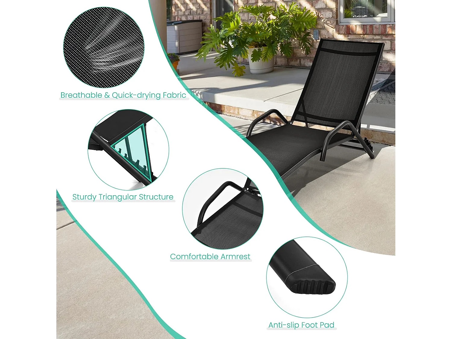 Set van 2 Ligstoelen, 5-Standen Verstelbare Relaxfauteuils met Ademende Zitting en Roestvrij Stalen Frame, Ligstoelen voor Buiten voor Terras, Tuin,ZwartZB32760