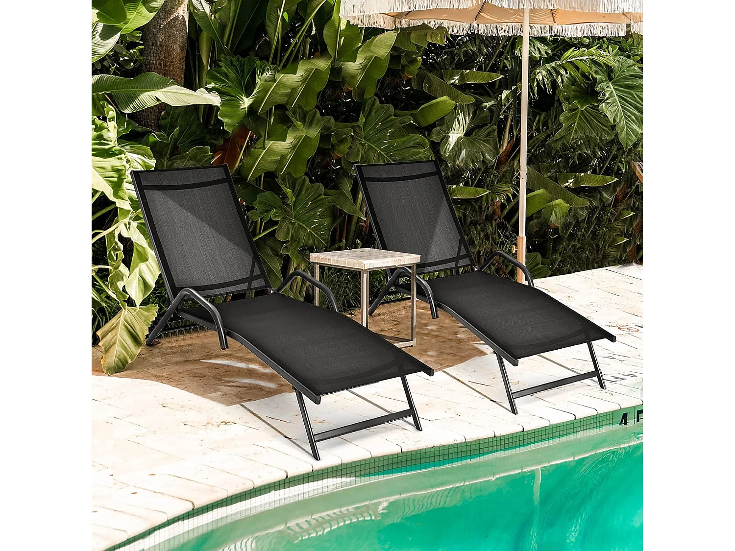Set van 2 Ligstoelen, 5-Standen Verstelbare Relaxfauteuils met Ademende Zitting en Roestvrij Stalen Frame, Ligstoelen voor Buiten voor Terras, Tuin,ZwartZB32760