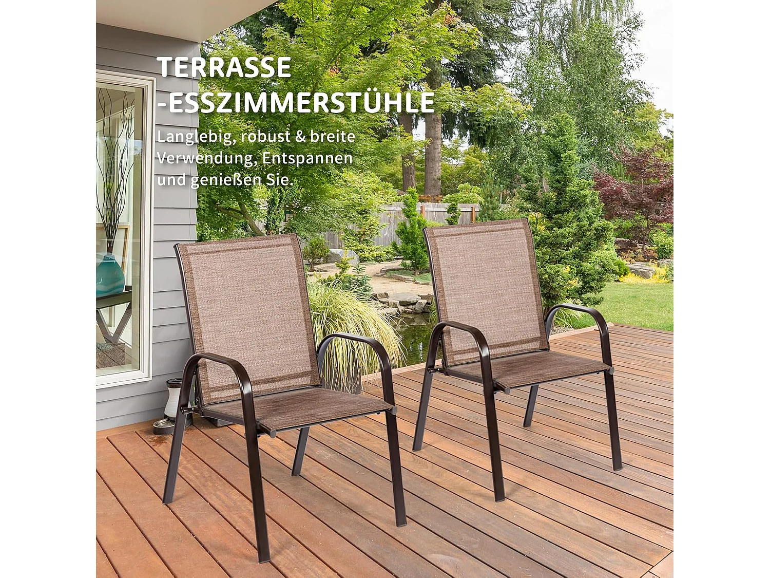 Set van 2 tuinstoelen met armleuningen,terrasstoelen van textiel en metalen frame,balkonstoelen tot 200 kg belastbaar,balkon,zwembad, 56 x 72 x 90 cm, bruinTI85852