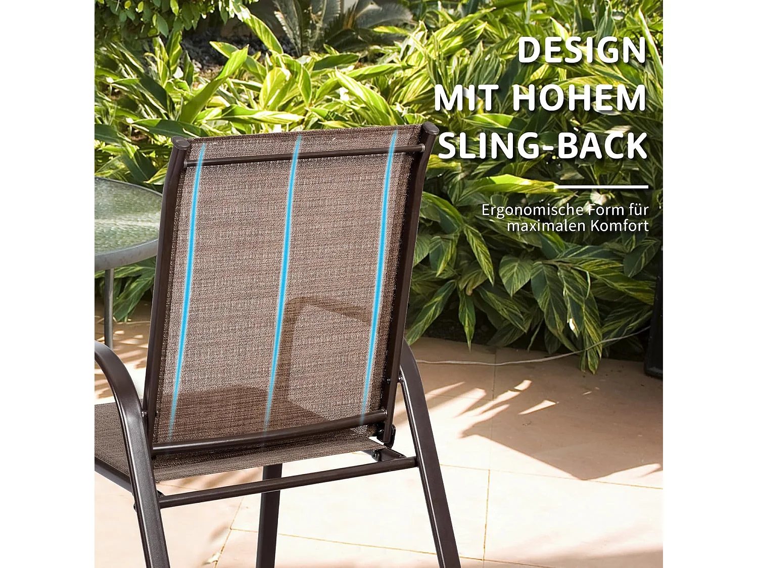 Set van 2 tuinstoelen met armleuningen,terrasstoelen van textiel en metalen frame,balkonstoelen tot 200 kg belastbaar,balkon,zwembad, 56 x 72 x 90 cm, bruinTI85852