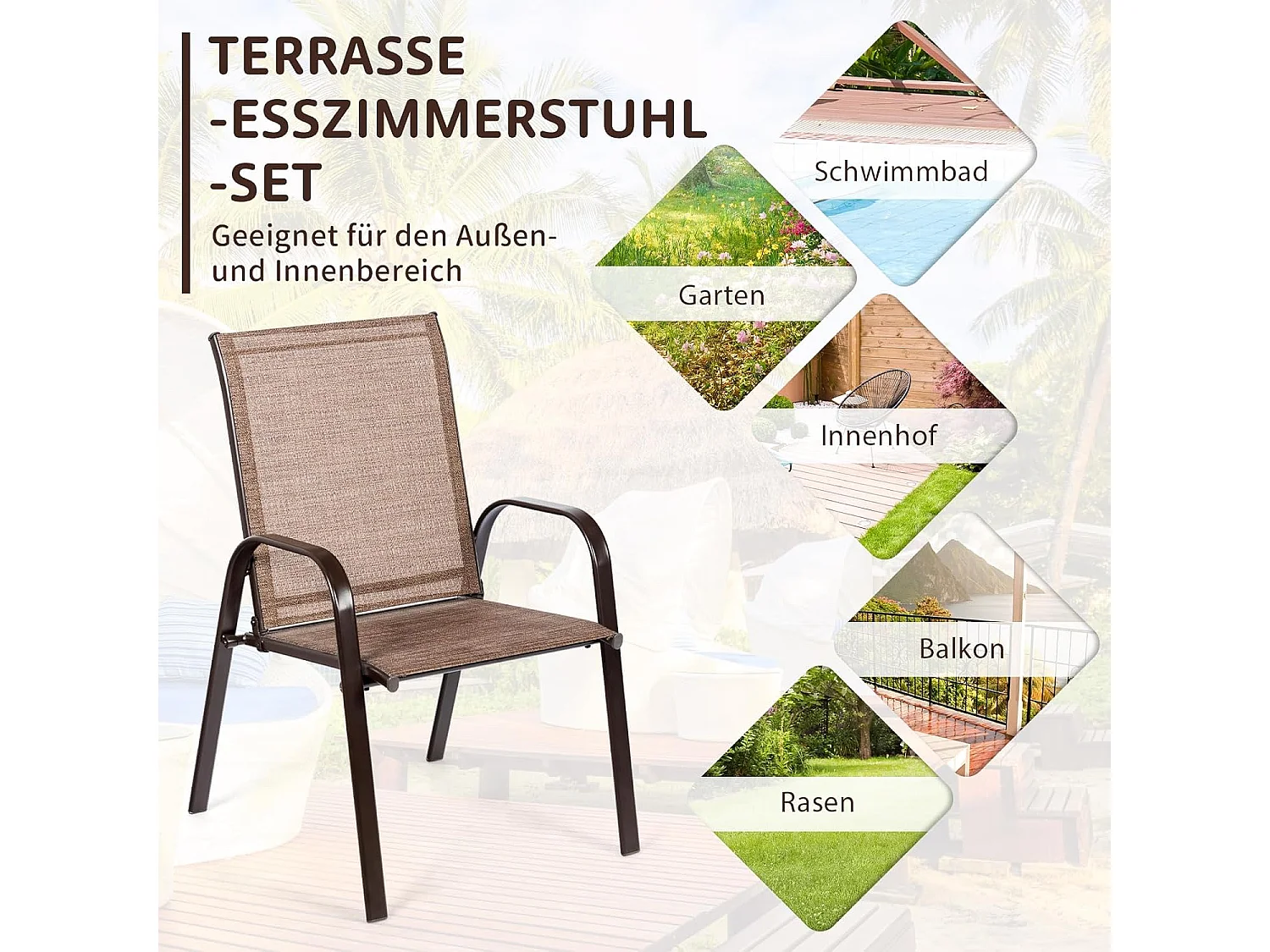 Set van 2 tuinstoelen met armleuningen,terrasstoelen van textiel en metalen frame,balkonstoelen tot 200 kg belastbaar,balkon,zwembad, 56 x 72 x 90 cm, bruinTI85852