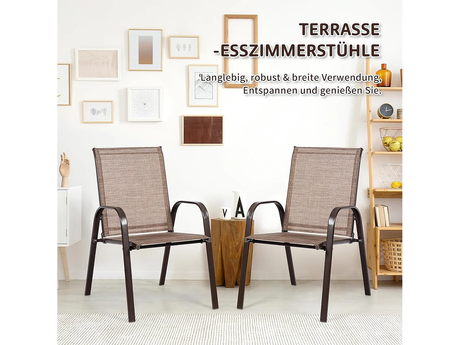 Set van 2 tuinstoelen met armleuningen,terrasstoelen van textiel en metalen frame,balkonstoelen tot 200 kg belastbaar,balkon,zwembad, 56 x 72 x 90 cm, bruinTI85852