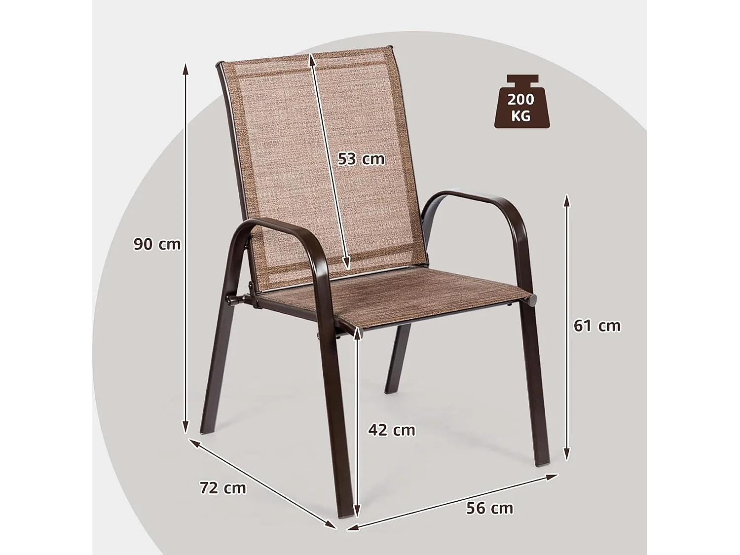 Set van 2 tuinstoelen met armleuningen,terrasstoelen van textiel en metalen frame,balkonstoelen tot 200 kg belastbaar,balkon,zwembad, 56 x 72 x 90 cm, bruinTI85852