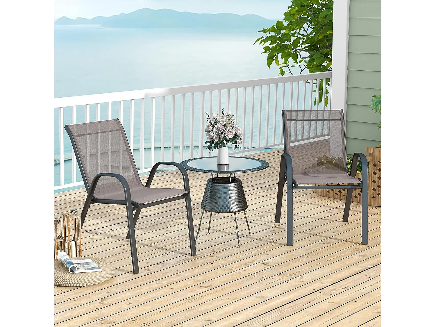 Set van 4 stapelbare tuinstoelen, stapelstoelen van textiel en metalen frame, balkonstoelen, belastbaar tot 150 kg, 56 x 70 x 84 cm, grijsZB33718