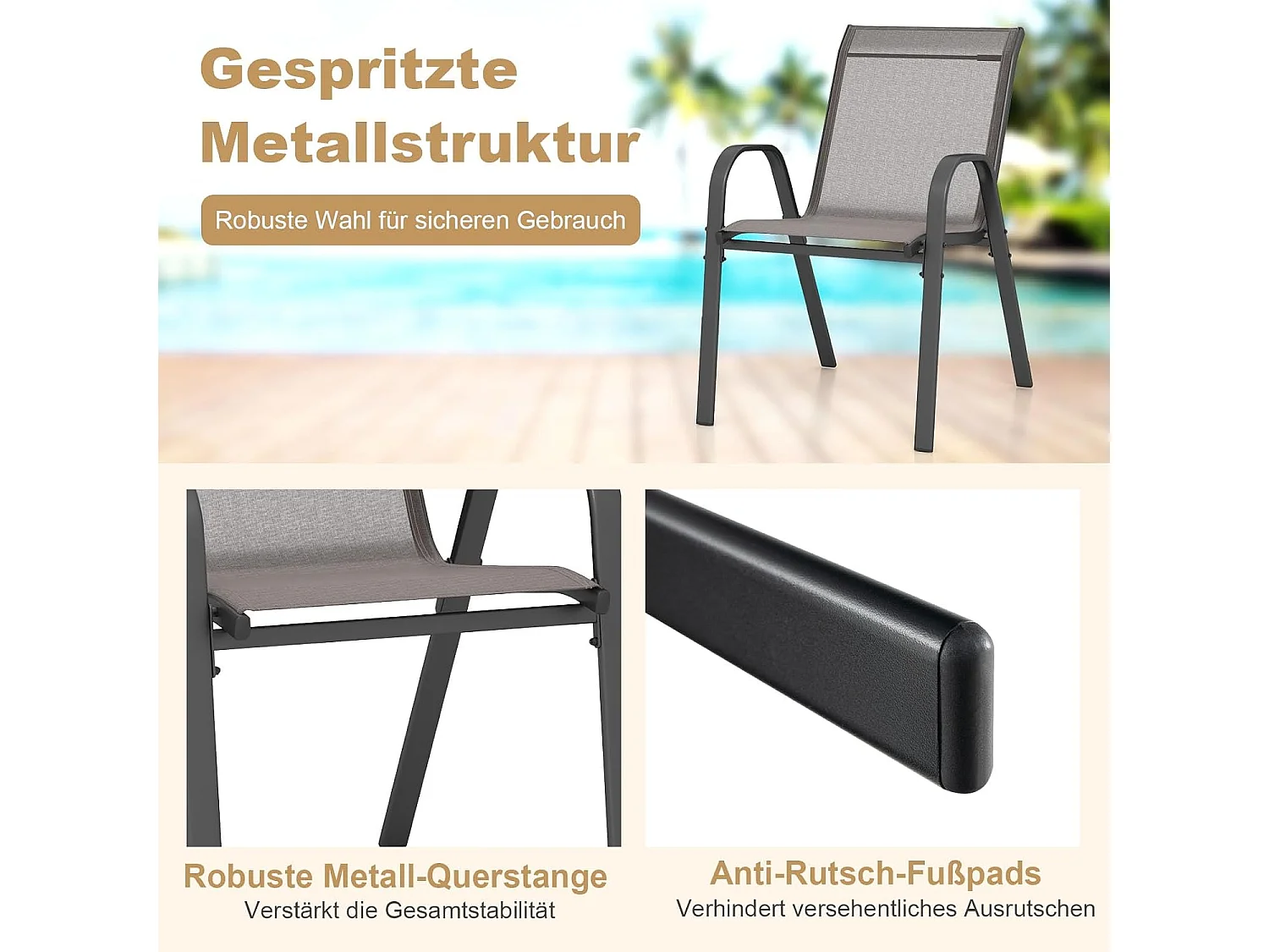 Set van 4 stapelbare tuinstoelen, stapelstoelen van textiel en metalen frame, balkonstoelen, belastbaar tot 150 kg, 56 x 70 x 84 cm, grijsZB33718