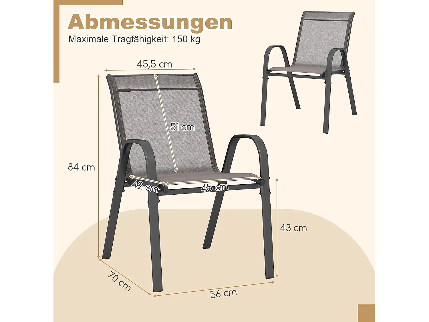 Set van 4 stapelbare tuinstoelen, stapelstoelen van textiel en metalen frame, balkonstoelen, belastbaar tot 150 kg, 56 x 70 x 84 cm, grijsZB33718