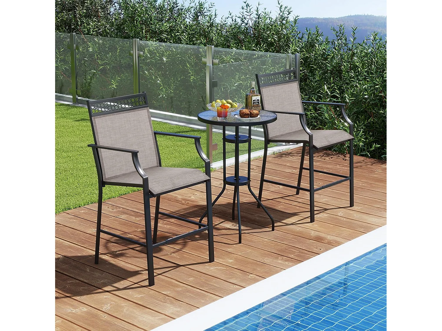 Set van 2 tuinstoelen, hoge terrasstoelen, balkonstoelen met sneldrogende stof en metalen frame, outdoorstoelen, voor tuin, balkon, zwembad (koffie)ZB33852