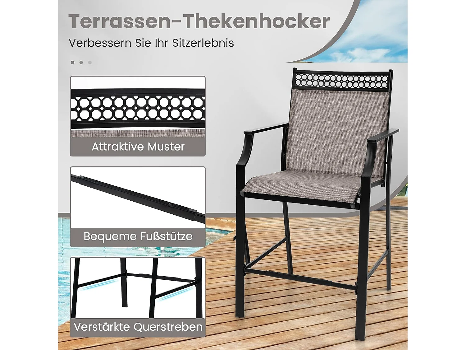 Set van 2 tuinstoelen, hoge terrasstoelen, balkonstoelen met sneldrogende stof en metalen frame, outdoorstoelen, voor tuin, balkon, zwembad (koffie)ZB33852