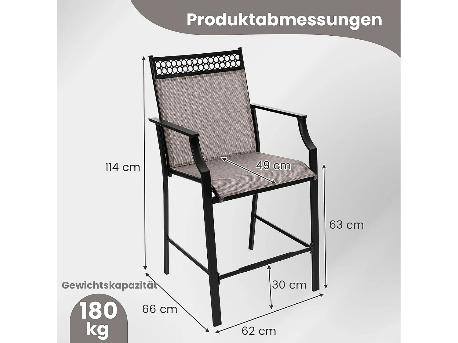 Set van 2 tuinstoelen, hoge terrasstoelen, balkonstoelen met sneldrogende stof en metalen frame, outdoorstoelen, voor tuin, balkon, zwembad (koffie)ZB33852