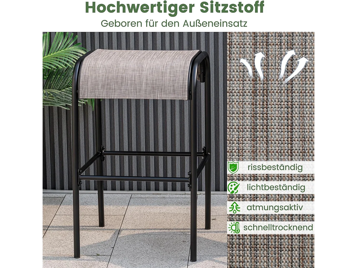 Set van 2 barkrukken voor buiten, barstoelen met gebogen stoffen zitting,zithoogte 76 cm, rugvrije bistrokruk voor balkon, tuin en zwembadZB33632