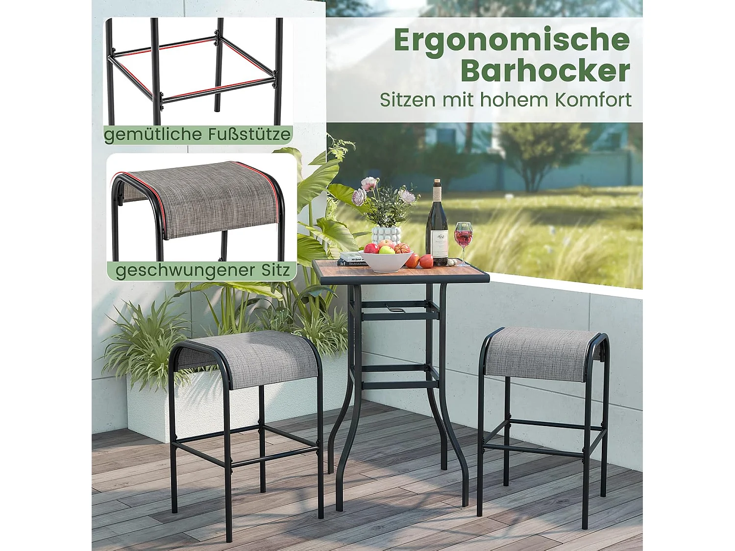 Set van 2 barkrukken voor buiten, barstoelen met gebogen stoffen zitting,zithoogte 76 cm, rugvrije bistrokruk voor balkon, tuin en zwembadZB33632