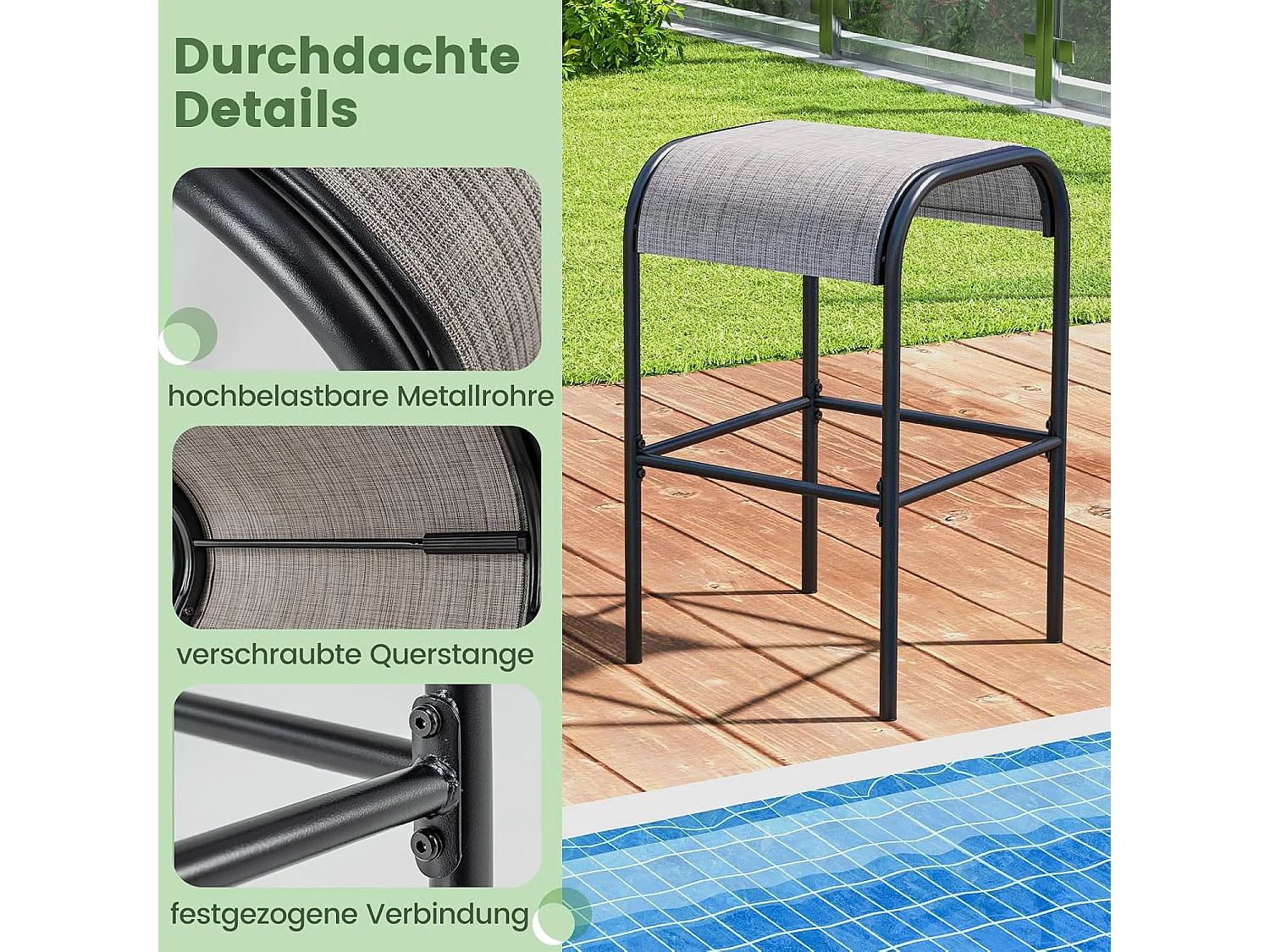 Set van 2 barkrukken voor buiten, barstoelen met gebogen stoffen zitting,zithoogte 76 cm, rugvrije bistrokruk voor balkon, tuin en zwembadZB33632