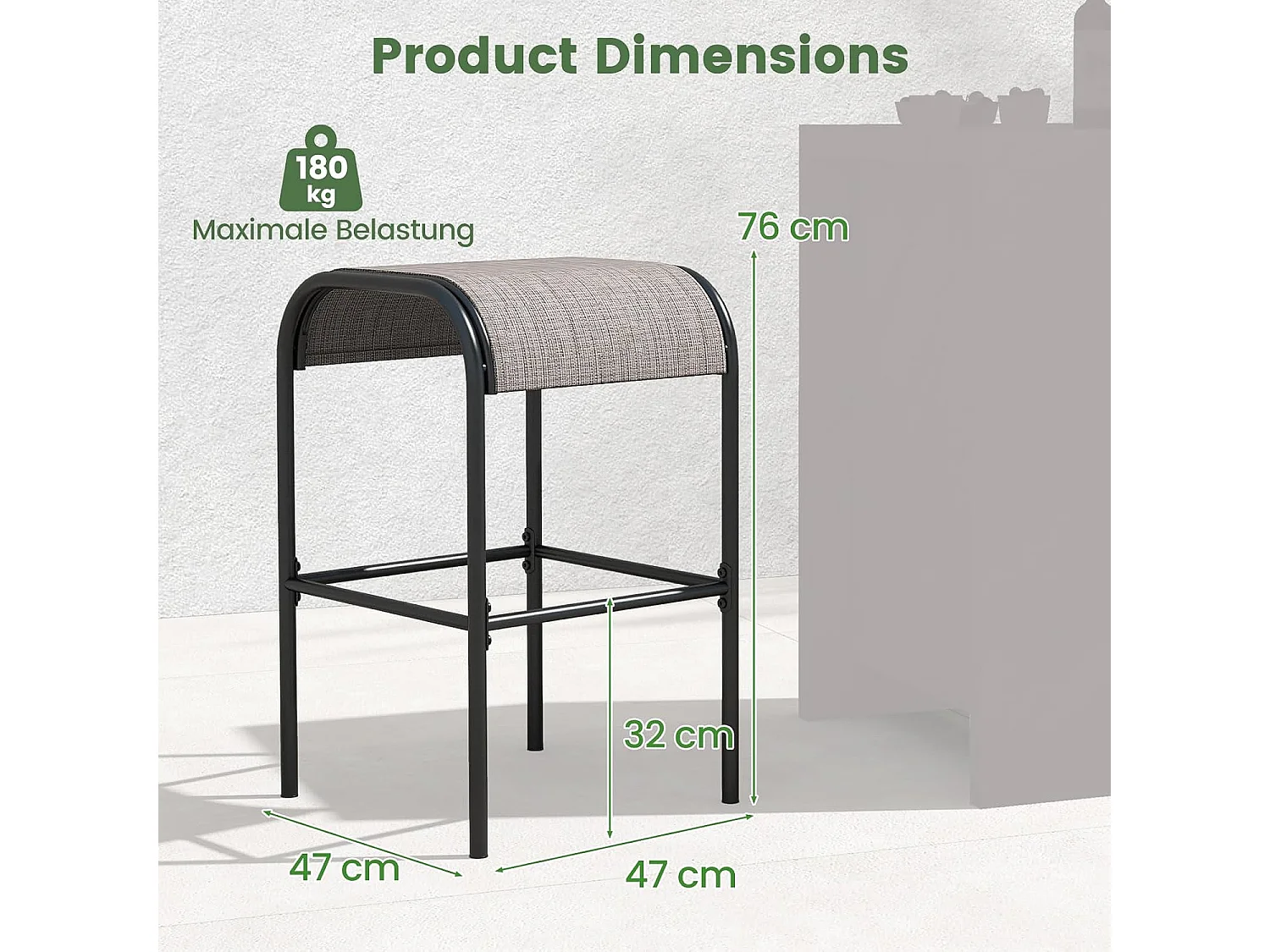 Set van 2 barkrukken voor buiten, barstoelen met gebogen stoffen zitting,zithoogte 76 cm, rugvrije bistrokruk voor balkon, tuin en zwembadZB33632
