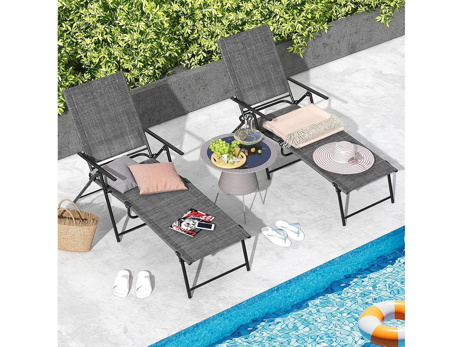 Set van 2 zonnestoelen, inklapbaar, ligstoel,voeteneinde en ademende zitstof, klapstoel,ligstoel voor tuin,ZB33519 terras, zwembad