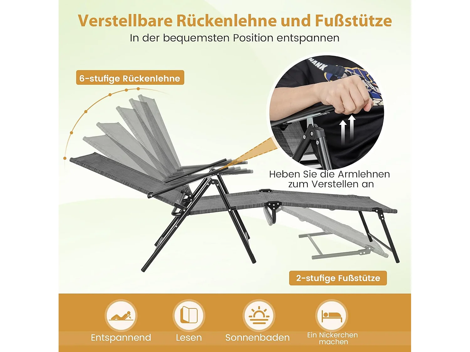 Set van 2 zonnestoelen, inklapbaar, ligstoel,voeteneinde en ademende zitstof, klapstoel,ligstoel voor tuin,ZB33519 terras, zwembad