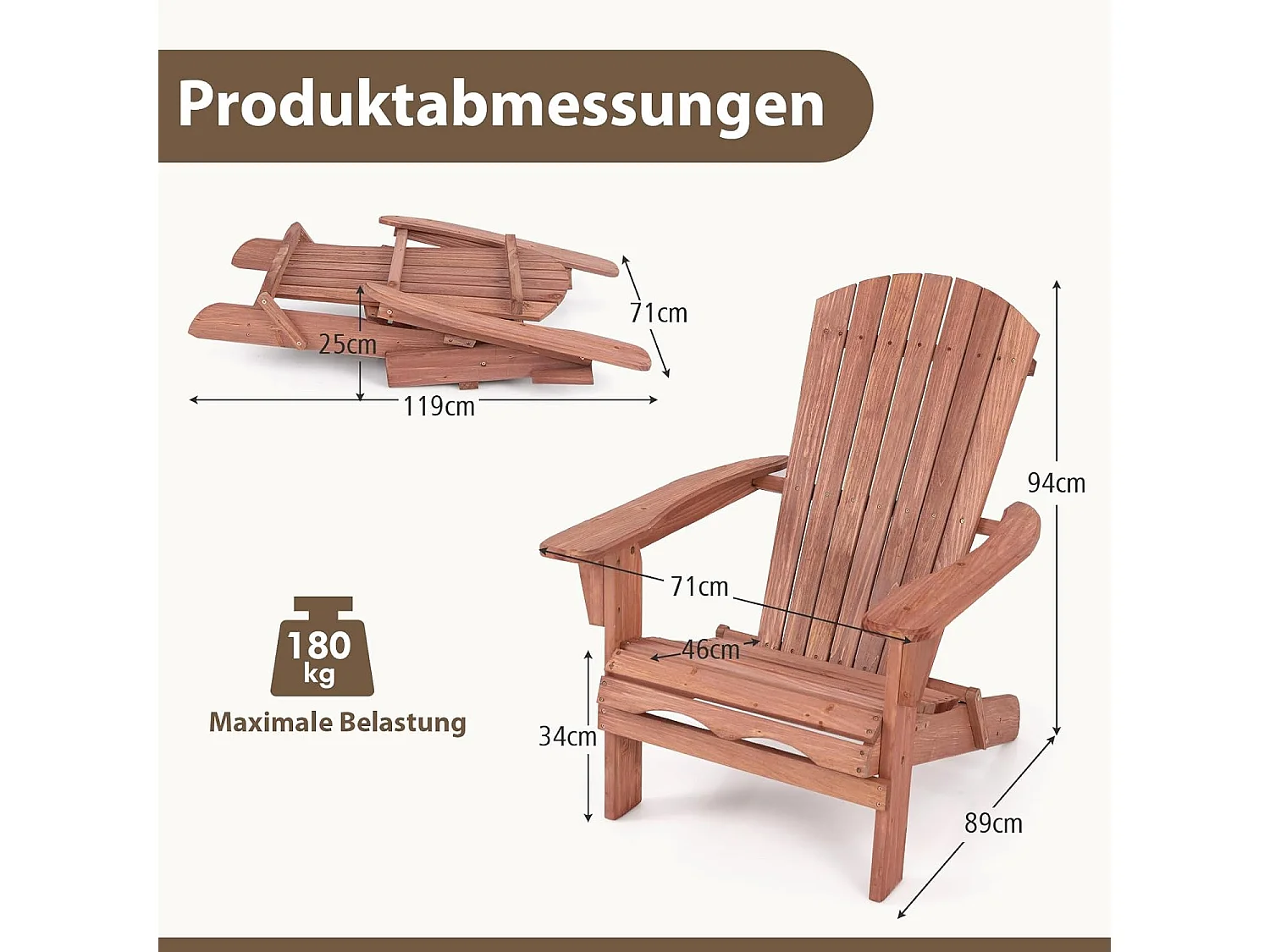 Adirondack Adirondack Stoel inklapbaar, set van 2, tuinstoel met hoge rugleuning en brede armleuningen, voor tuin, terras, 180 kg draagvermogenZB33911