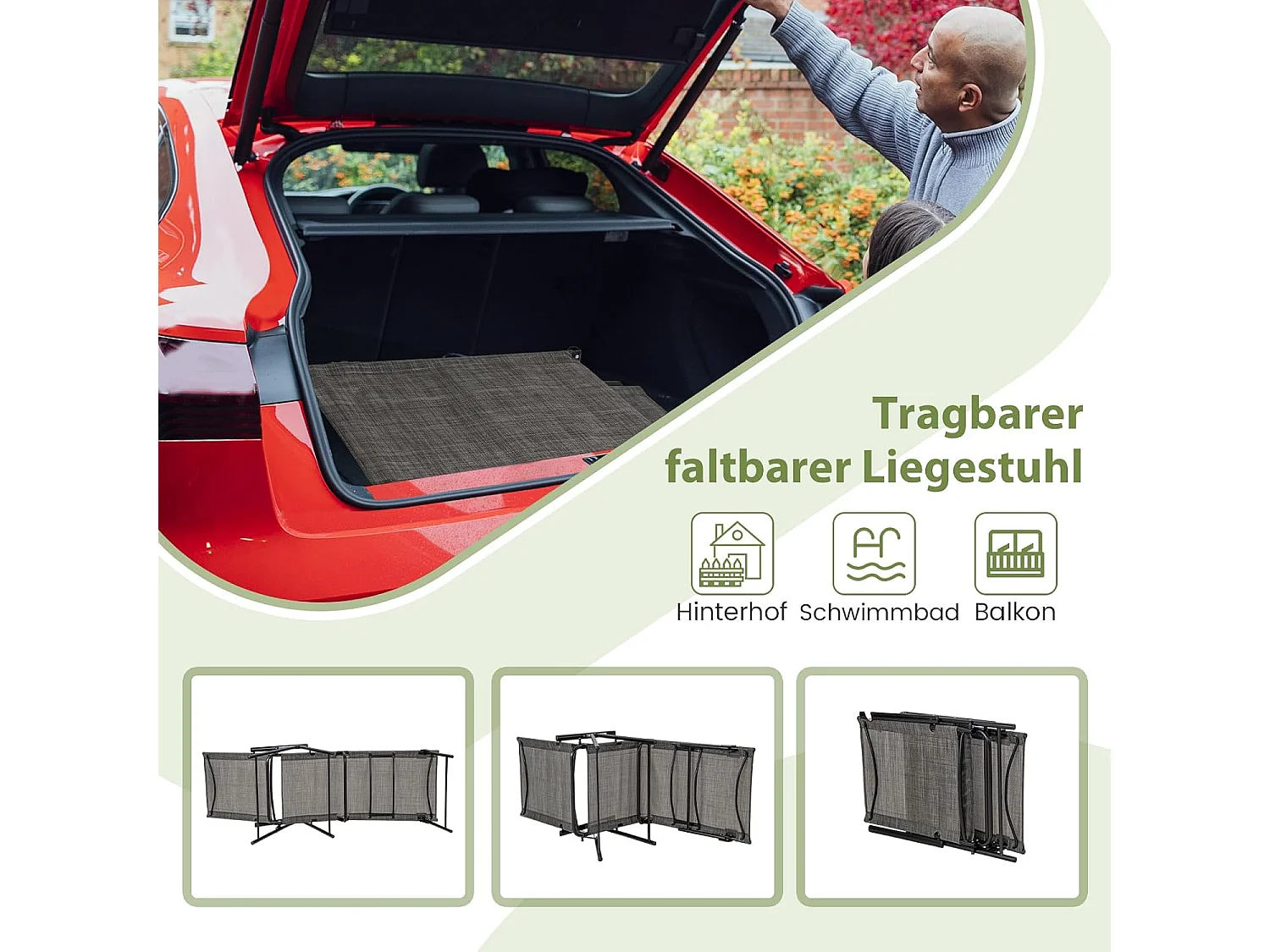 Set van 2 zonnestoelen, inklapbaar, tuinligstoel met verstelbare rugleuning, voeteneinde en ademende zitstof, klapstoel,ligstoel voor tuin, terras (bruin)ZB33519